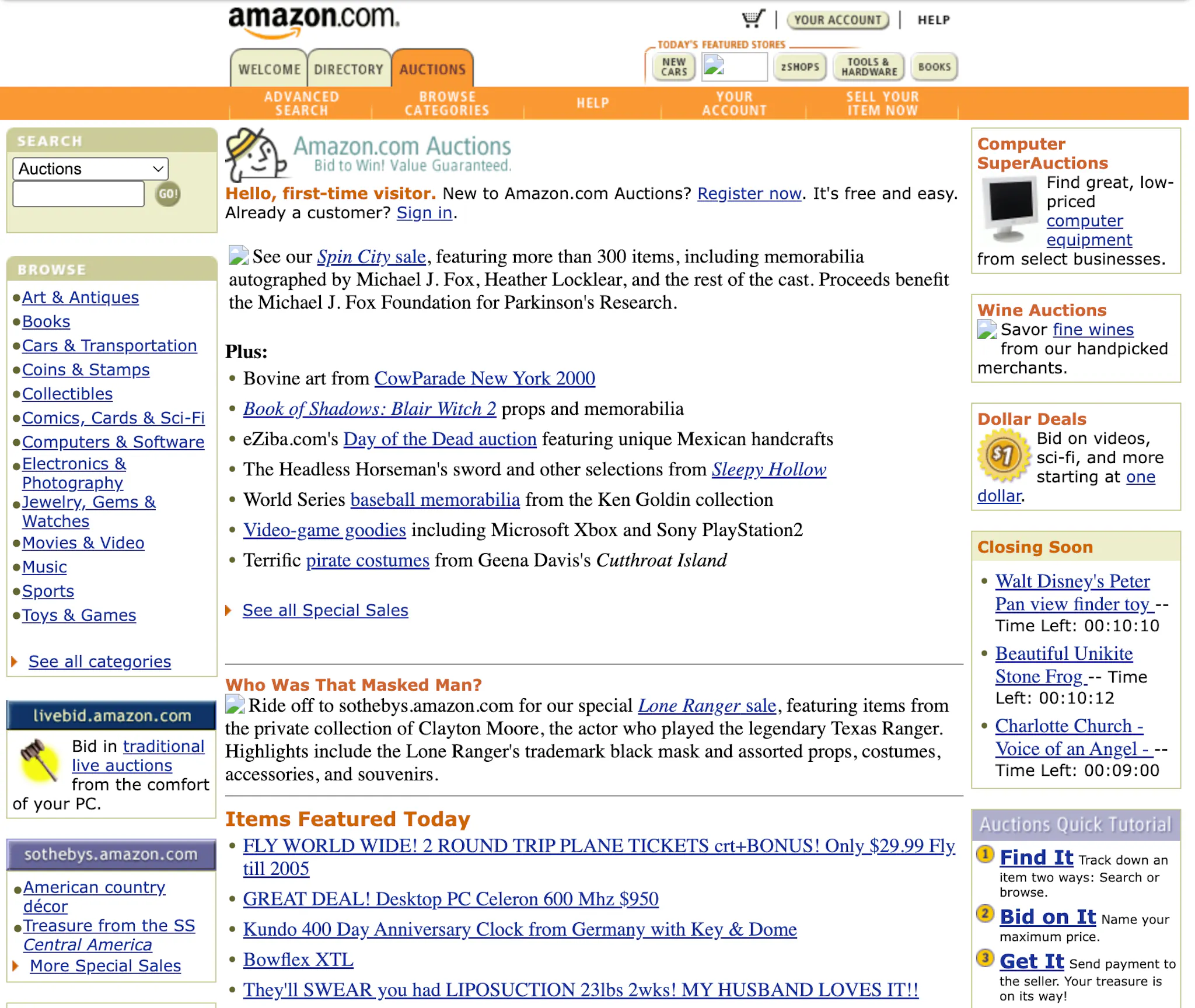 Screenshot of the Amazon Auctions website in 2000. The page has an orange navigation bar with tabs for “Welcome,” “Directory,” “Auctions,” “Help,” and “Sell Your Item Now.” A central banner invites users to register for Amazon.com. The left sidebar lists browse categories like Books, Electronics & Photography, and Toys & Games. The right sidebar promotes “SuperAuctions,” “Wine Auctions,” and “Dollar Deals.” The overall design reflects an early 2000s web layout with dense text and multiple colored boxes.