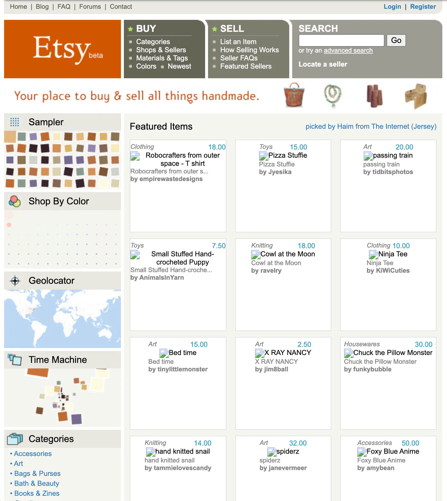 Screenshot of Etsy’s early “beta” homepage from January 2006. The design features a brown and orange header with the Etsy logo labeled “beta” and the tagline “Your place to buy & sell all things handmade.” Navigation tabs at the top offer options to Buy, Sell, and Search, with sublinks such as “Categories,” “List an Item,” and “Advanced Search.” The left sidebar includes tools like Sampler, Shop By Color, Geolocator with a world map, Time Machine, and Categories (Accessories, Art, Bags & Purses, etc.). The main section shows a grid of Featured Items with handmade products. The layout has a light, minimalist aesthetic with pastel tones and small thumbnail images for each listing.