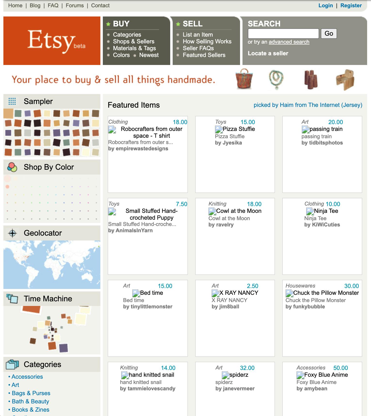 Screenshot of Etsy’s early “beta” homepage from January 2006. The design features a brown and orange header with the Etsy logo labeled “beta” and the tagline “Your place to buy & sell all things handmade.” Navigation tabs at the top offer options to Buy, Sell, and Search, with sublinks such as “Categories,” “List an Item,” and “Advanced Search.” The left sidebar includes tools like Sampler, Shop By Color, Geolocator with a world map, Time Machine, and Categories (Accessories, Art, Bags & Purses, etc.). The main section shows a grid of Featured Items with handmade products. The layout has a light, minimalist aesthetic with pastel tones and small thumbnail images for each listing.