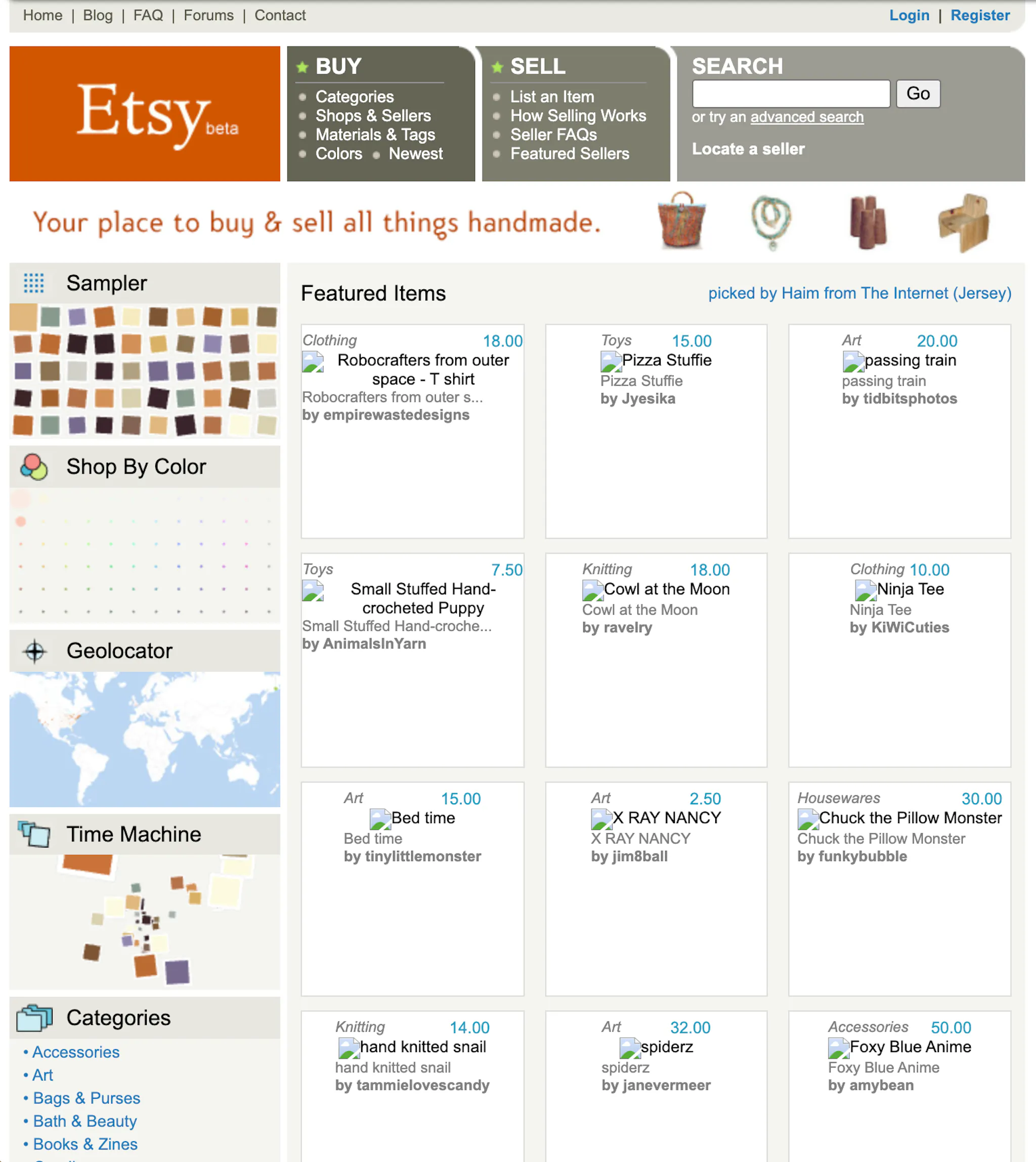 Screenshot of Etsy’s early “beta” homepage from January 2006. The design features a brown and orange header with the Etsy logo labeled “beta” and the tagline “Your place to buy & sell all things handmade.” Navigation tabs at the top offer options to Buy, Sell, and Search, with sublinks such as “Categories,” “List an Item,” and “Advanced Search.” The left sidebar includes tools like Sampler, Shop By Color, Geolocator with a world map, Time Machine, and Categories (Accessories, Art, Bags & Purses, etc.). The main section shows a grid of Featured Items with handmade products. The layout has a light, minimalist aesthetic with pastel tones and small thumbnail images for each listing.