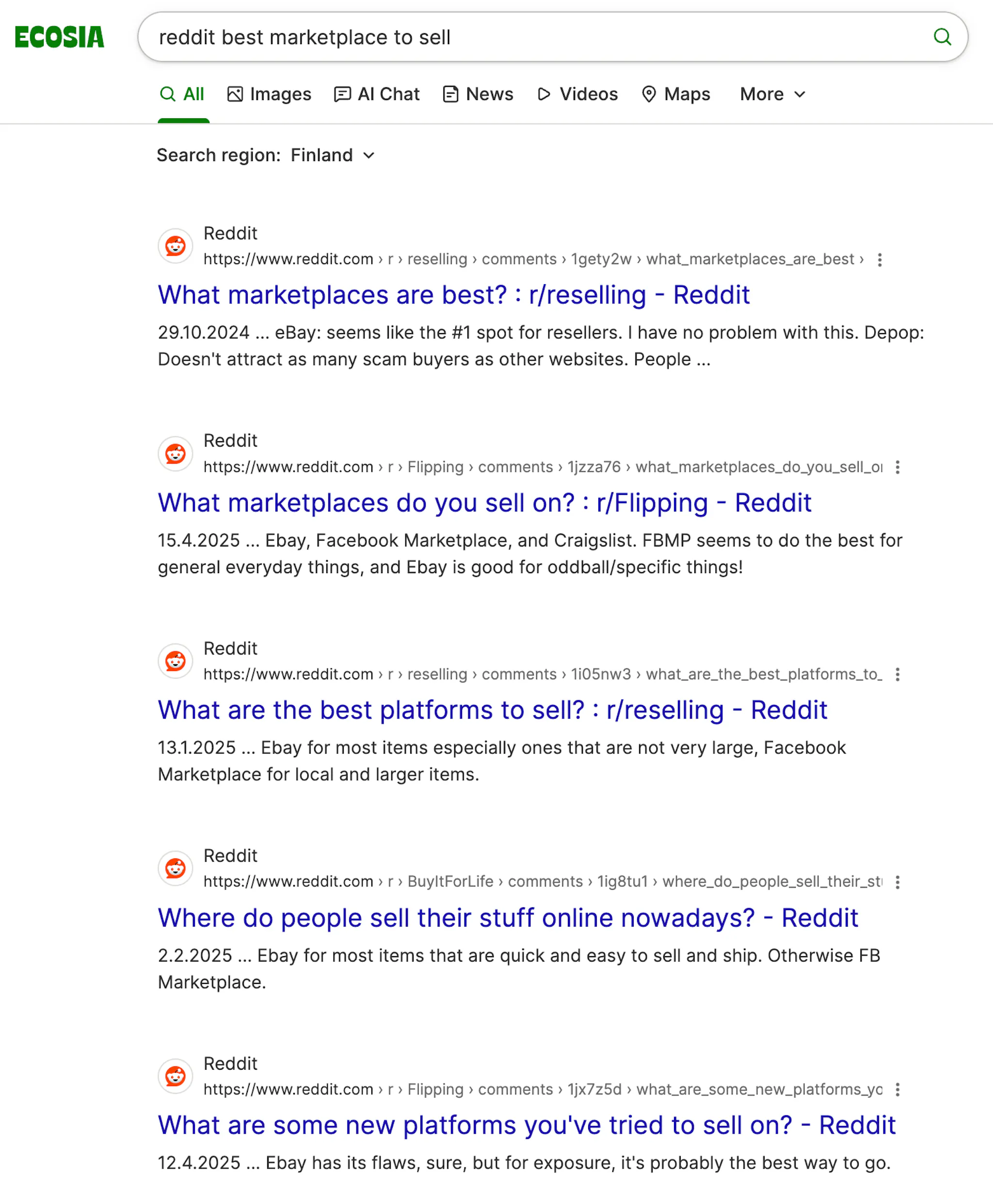 Screenshot of the Ecosia search browser's results page for "reddit best marketplace to sell", with plenty of results showing several discussions on the topic.