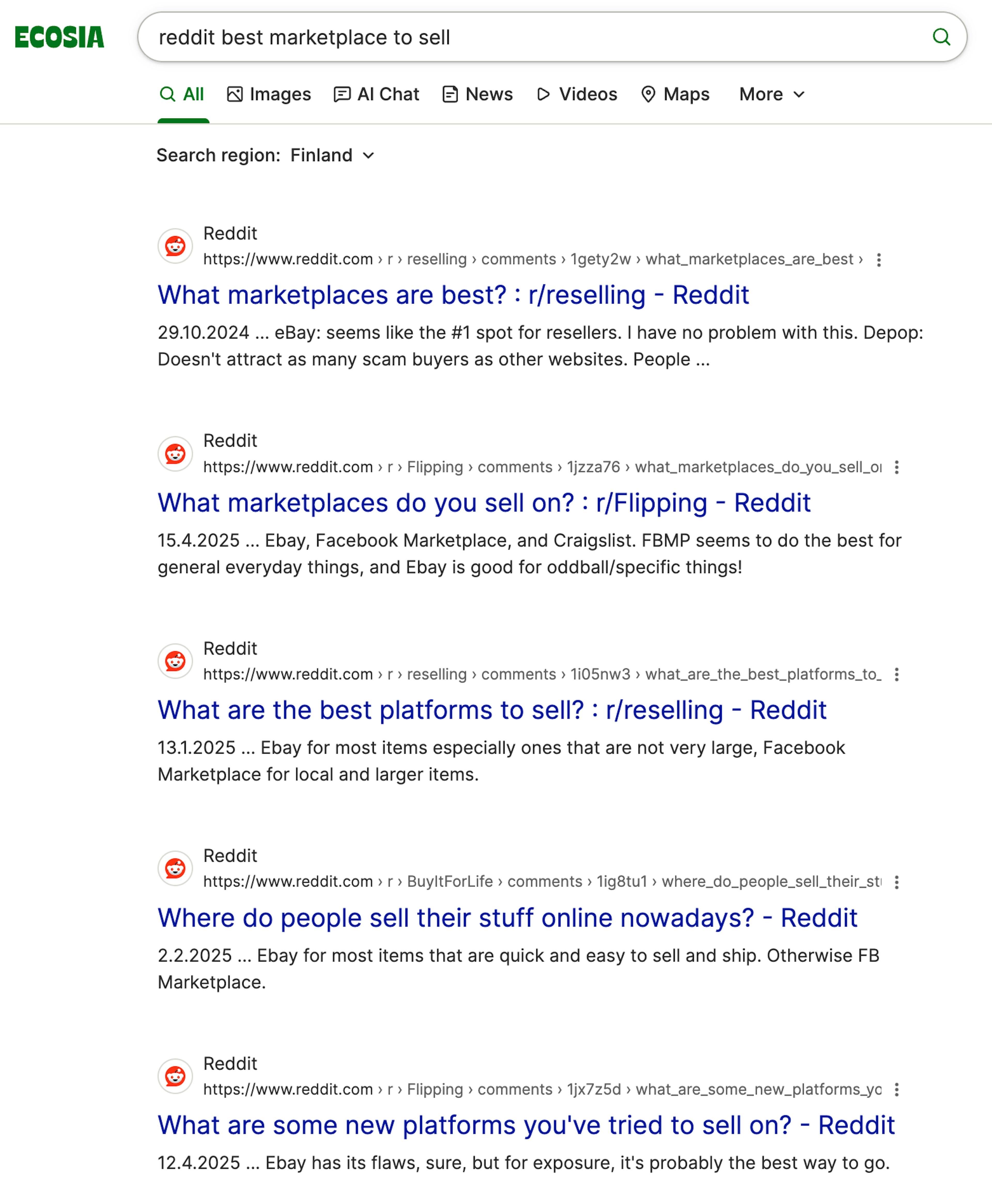 Screenshot of the Ecosia search browser's results page for "reddit best marketplace to sell", with plenty of results showing several discussions on the topic.