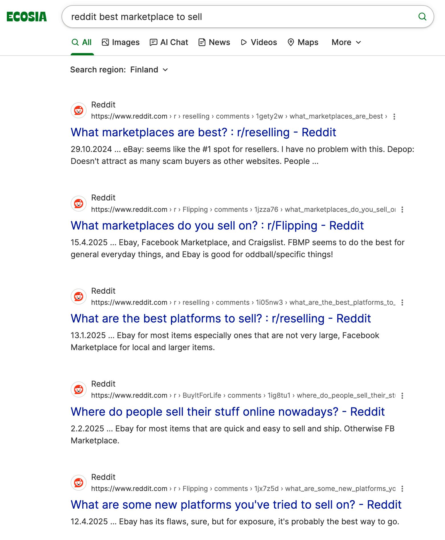 Screenshot of the Ecosia search browser's results page for "reddit best marketplace to sell", with plenty of results showing several discussions on the topic.