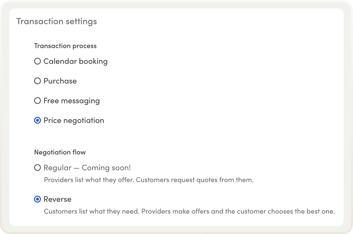 A marketplace has price negotiation with reverse transaction enabled in listing type settings.