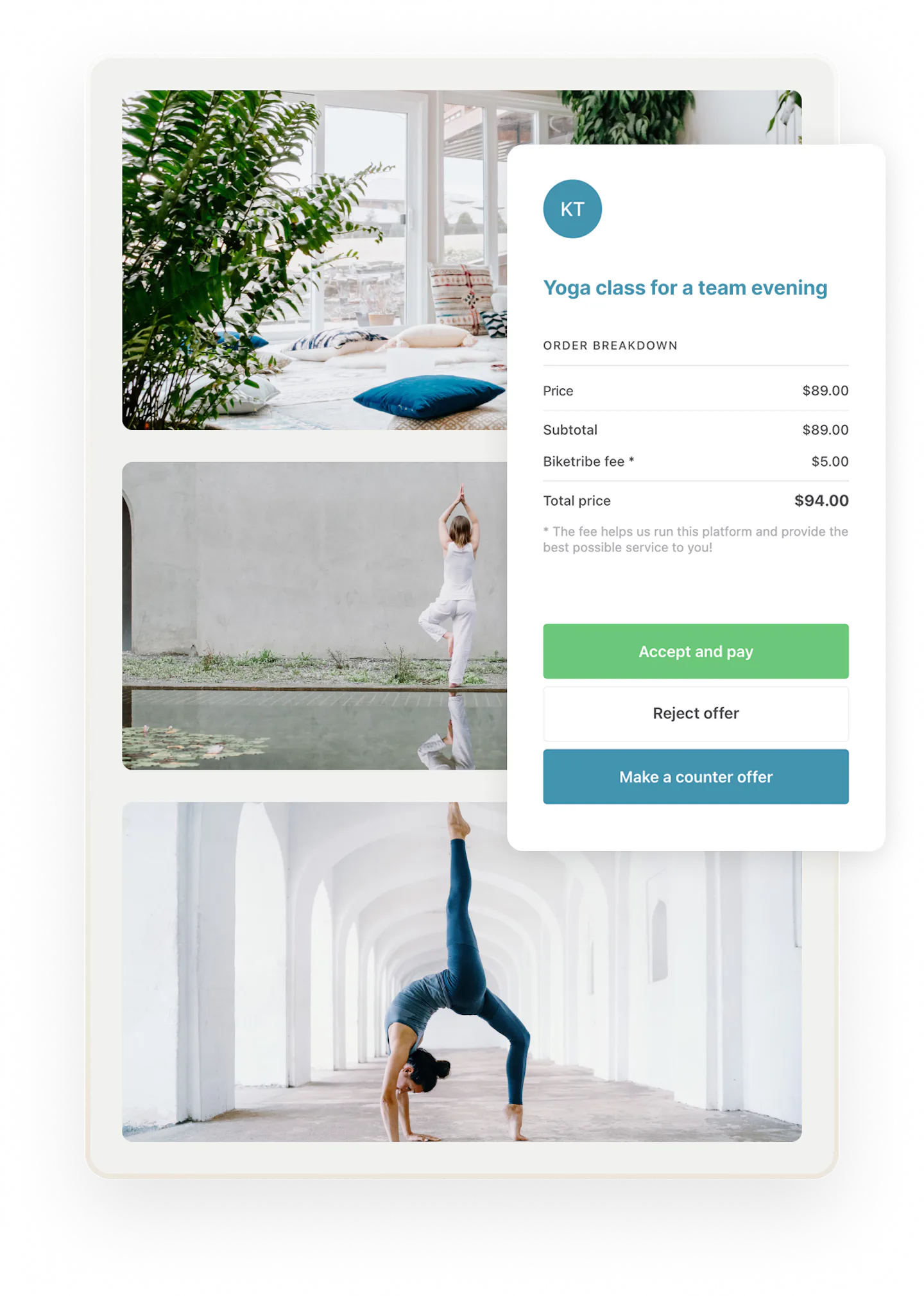 A customer has received an offer for a yoga class team evening event. They have the options to accept the offer, reject the offer, or make a counter offer.