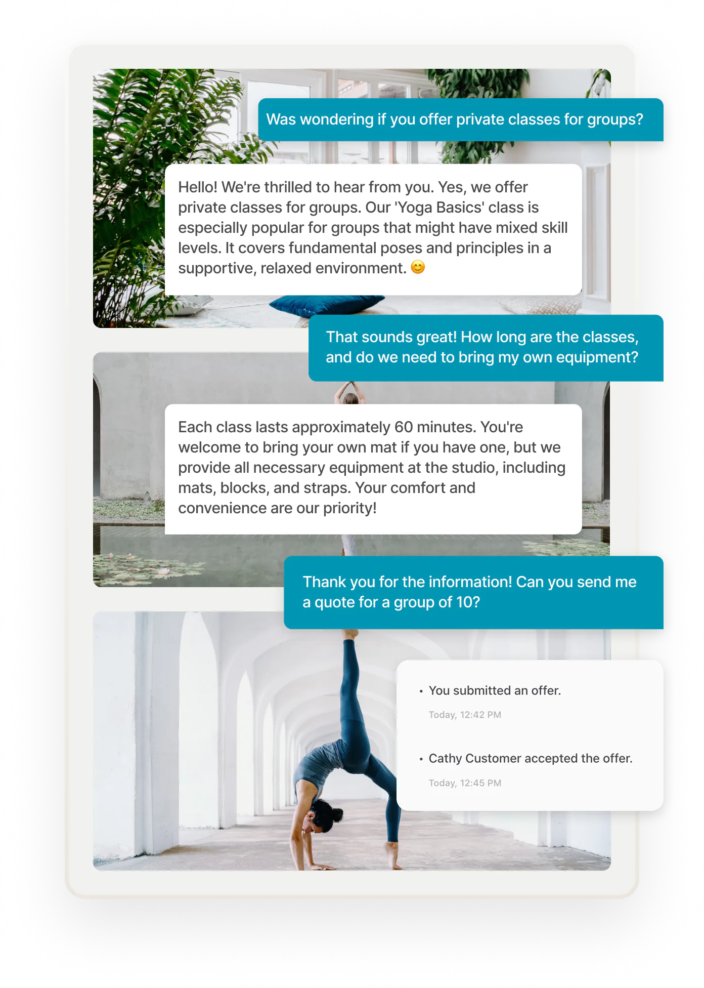 A customer is asking for more details from a yoga studio. They end up asking for a quote from the studio for a private class for 10 people.