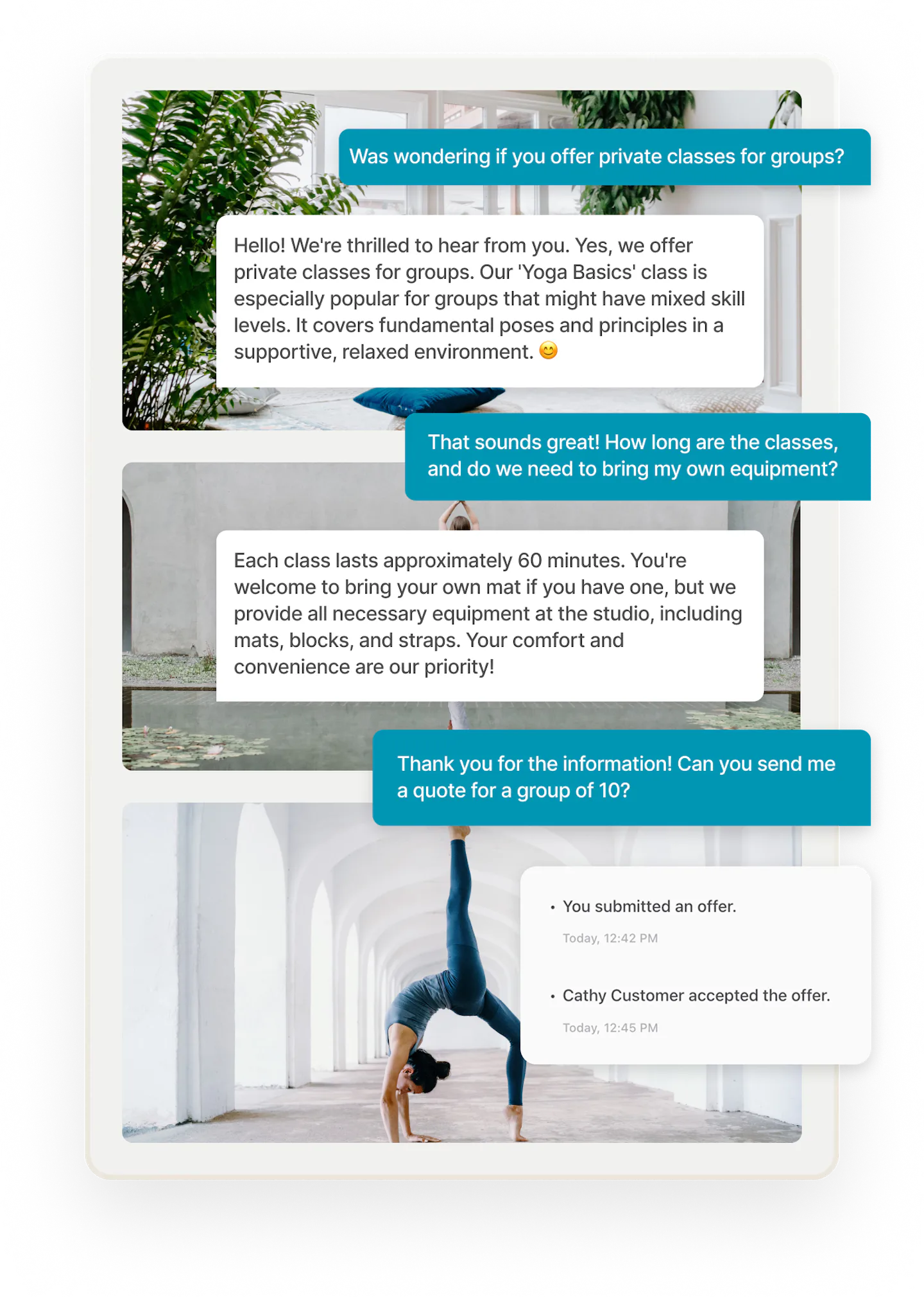 A customer is asking for more details from a yoga studio. They end up asking for a quote from the studio for a private class for 10 people.