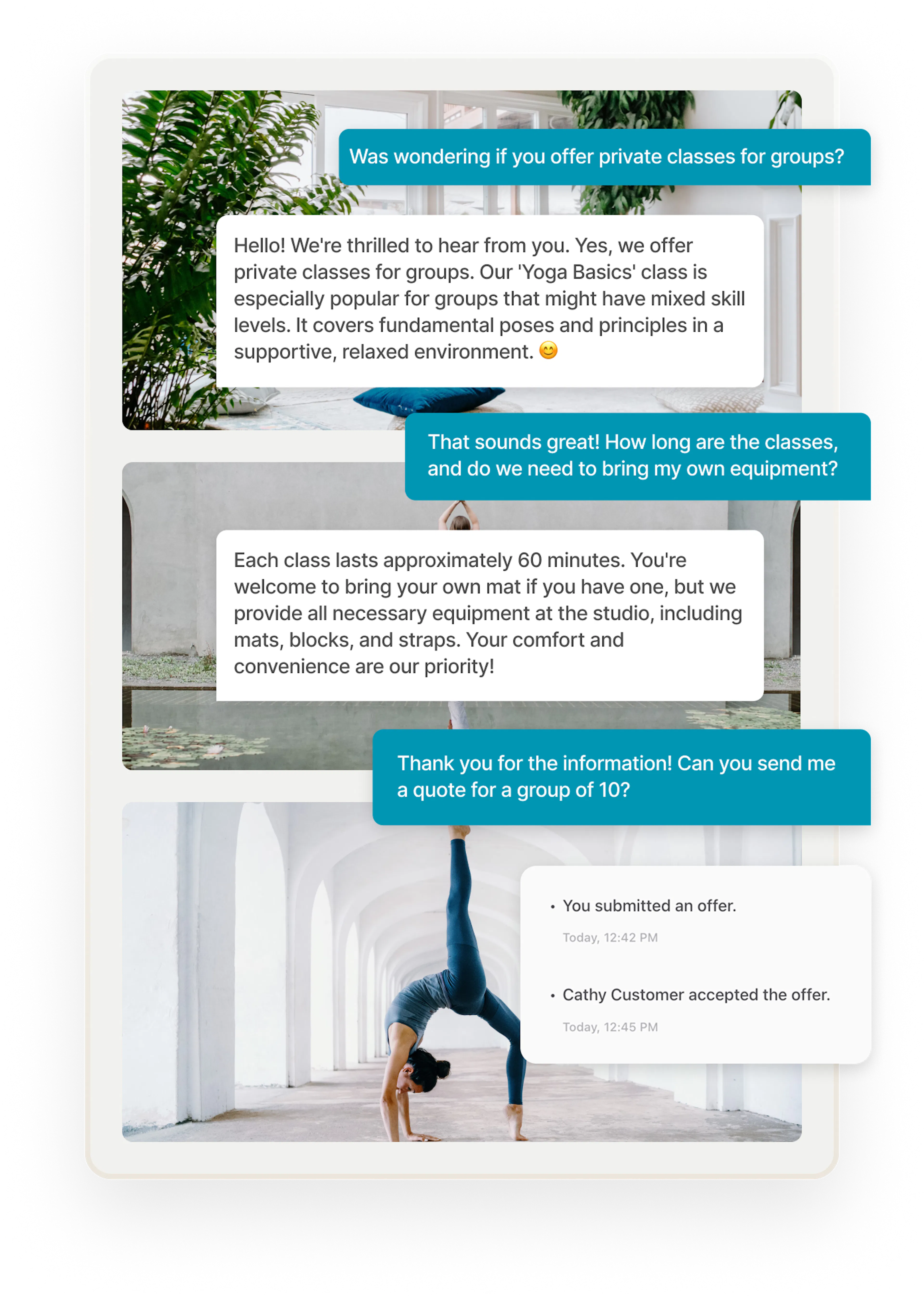 A customer is asking for more details from a yoga studio. They end up asking for a quote from the studio for a private class for 10 people.