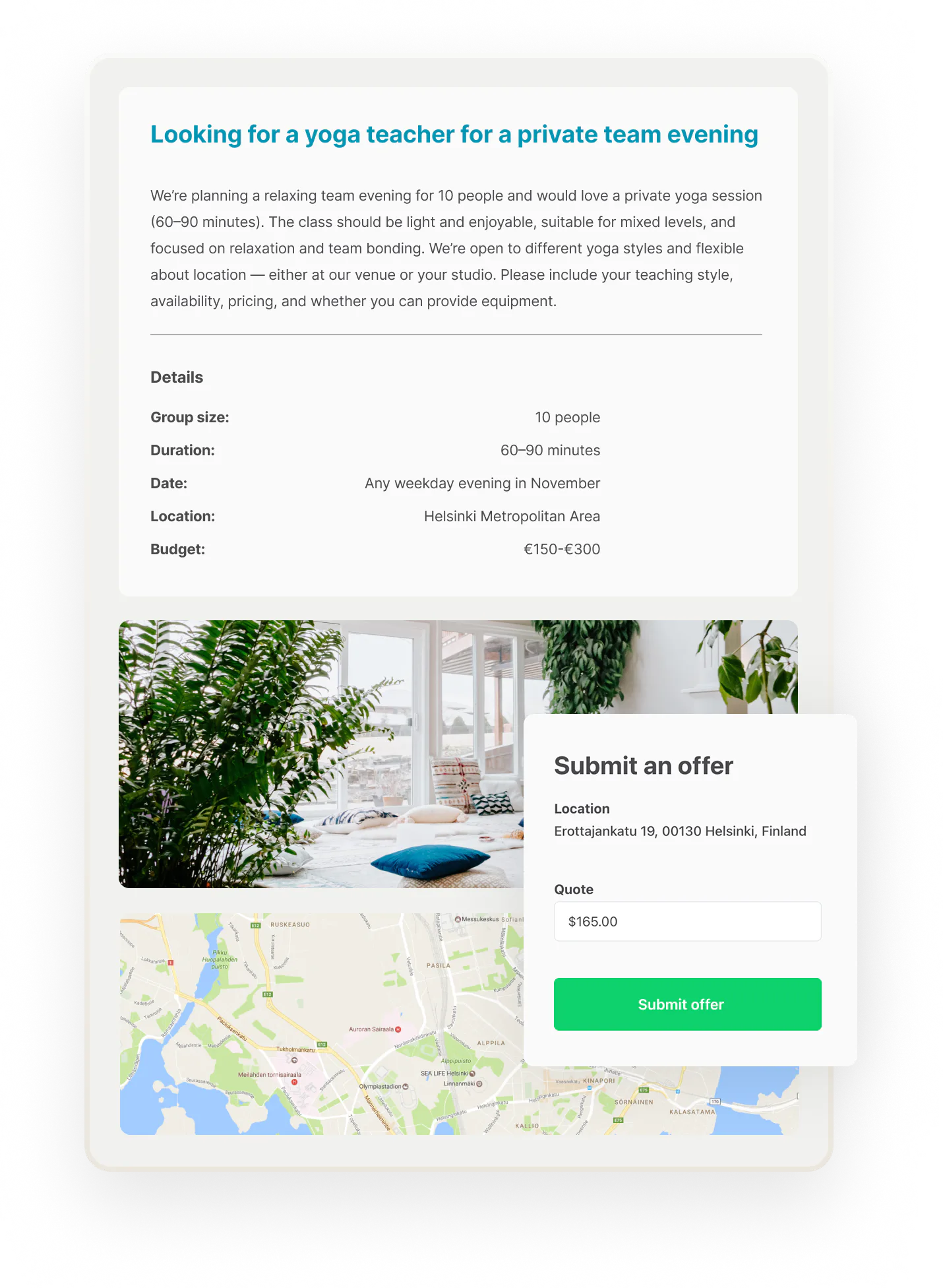 A customer has posted a listing looking for a yoga teacher for a team evening. A teacher is about to submit them an offer.