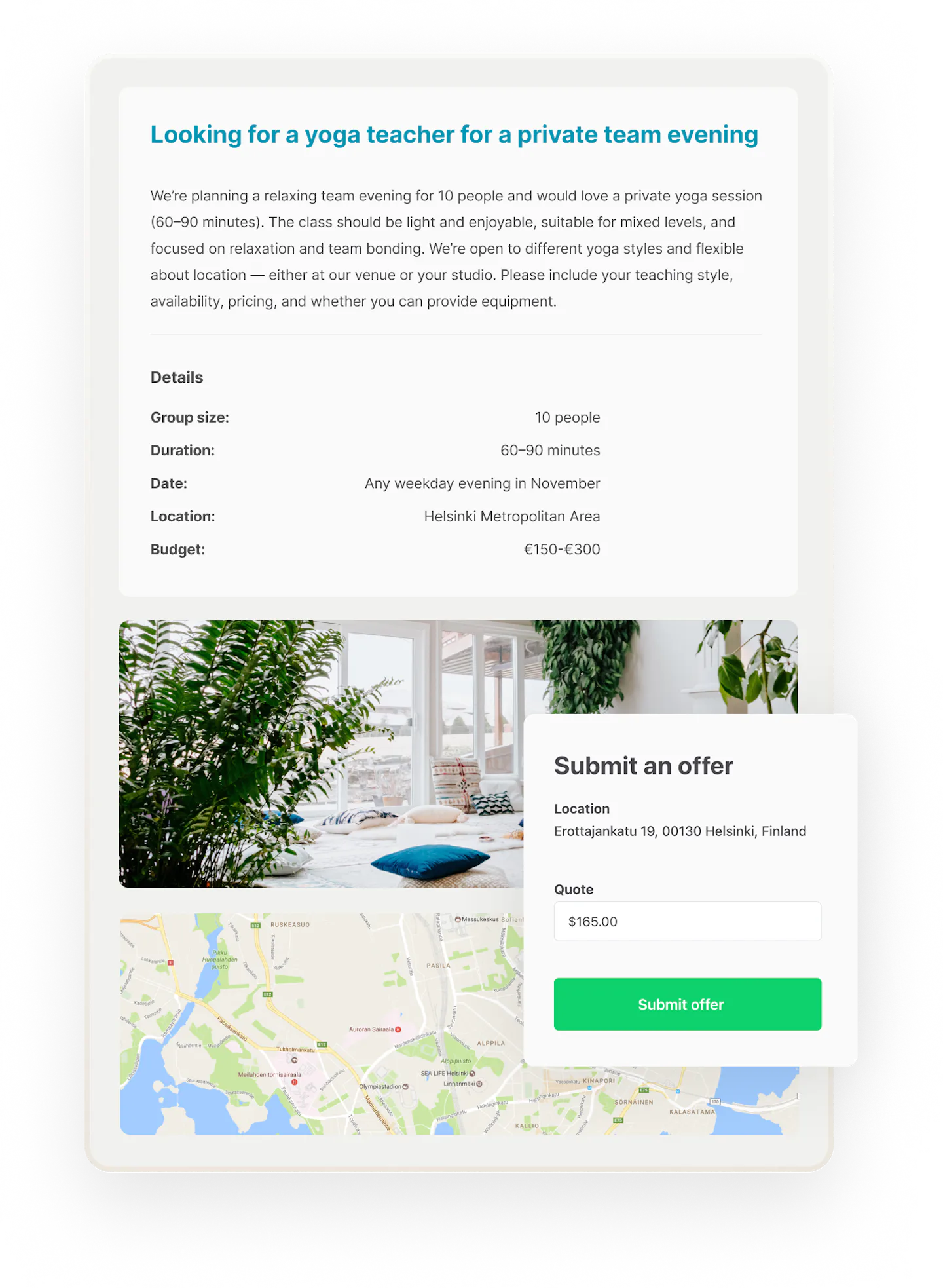A customer has posted a listing looking for a yoga teacher for a team evening. A teacher is about to submit them an offer.