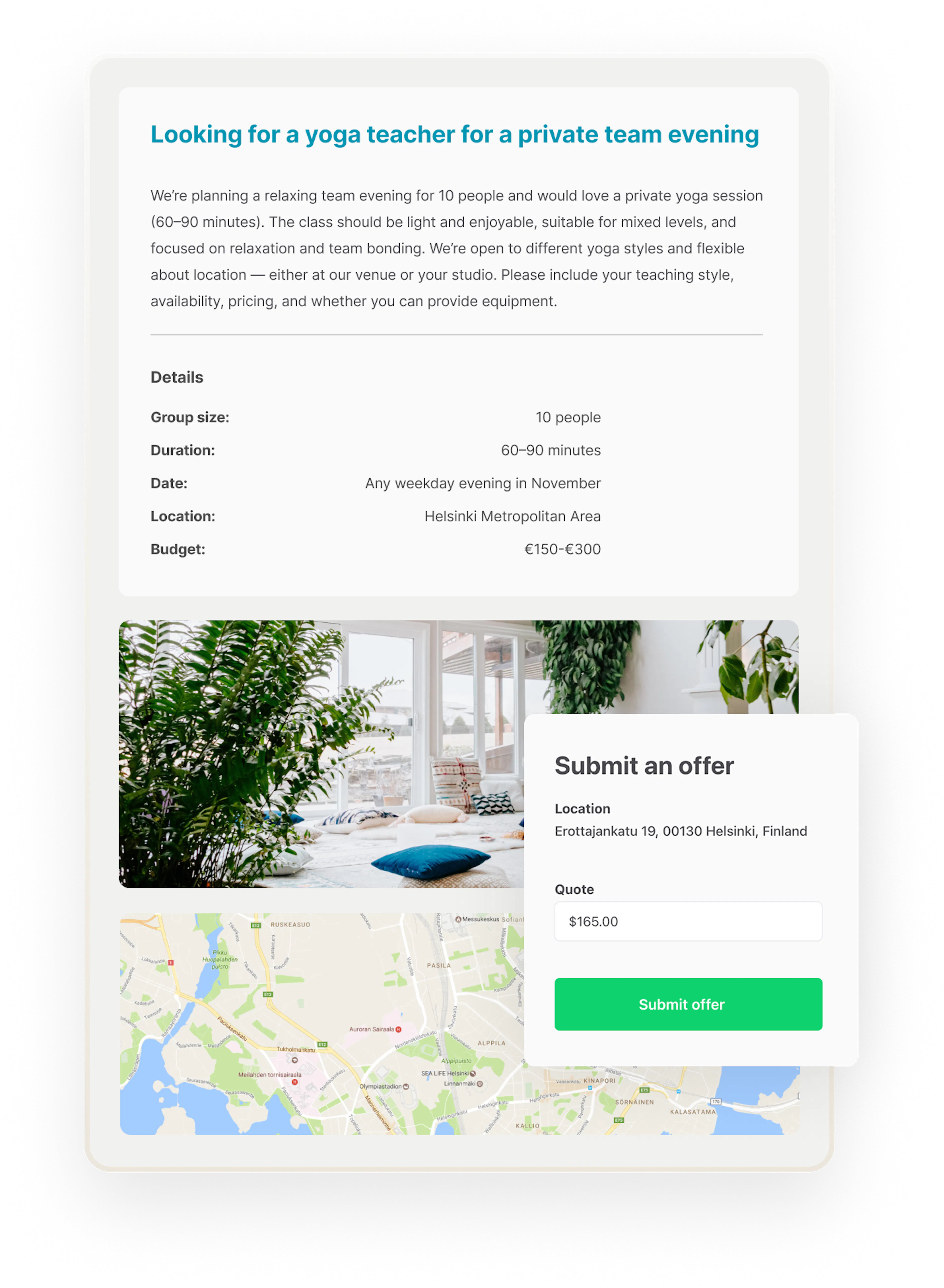 A customer has posted a listing looking for a yoga teacher for a team evening. A teacher is about to submit them an offer.
