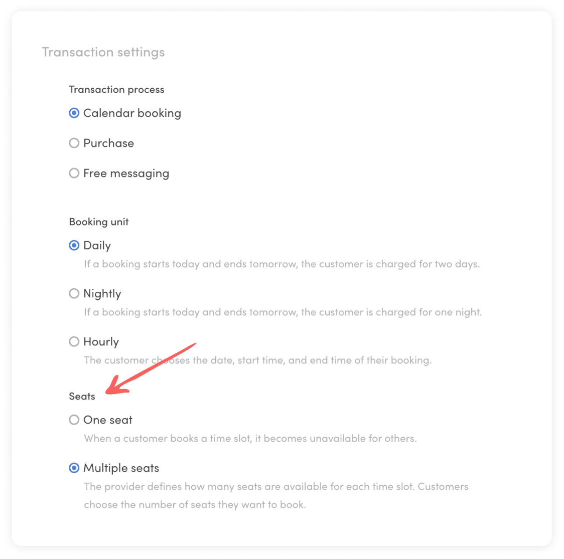 Listing type settings in Sharetribe with multiple seats enabled.