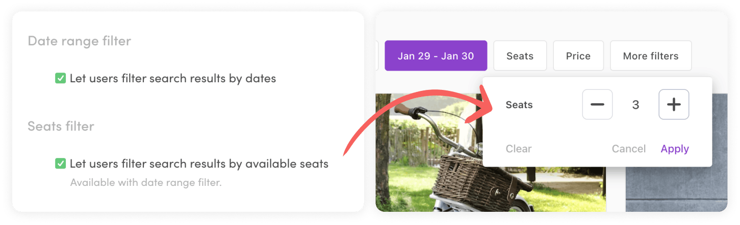 The seats filter is enabled in Console. Next to it is screenshot of the marketplace, where someone is filtering by seats.