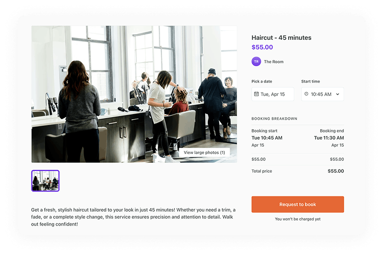 A customer is about to book a 45-minute haircut on Tuesday 15th of April.
