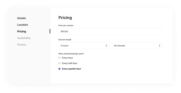 A provider is adding a price, $55, and a session length, 45 minutes, for a haircut service in listing creation.