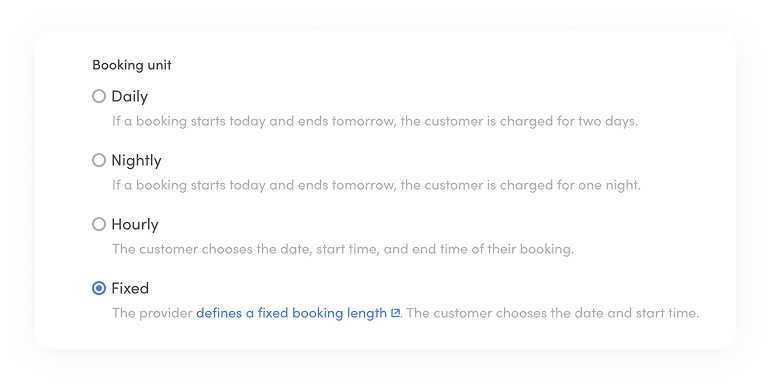 Booking unit settings under listing type settings in Sharetribe Console. There's a new option below daily, nightly, and hourly: Fixed.
