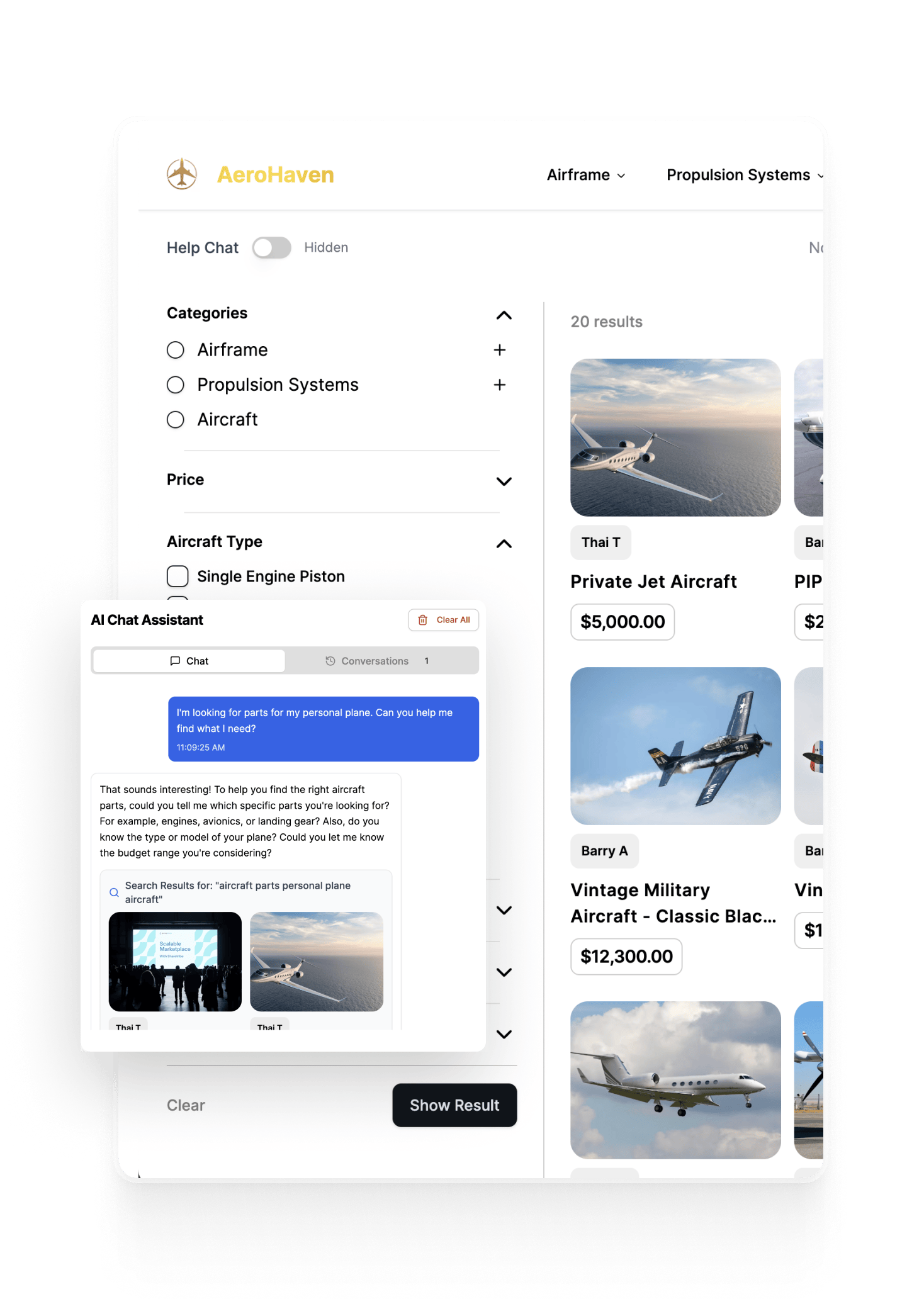 A screenshot of a sample marketplace using Journeyhorizon's template. The platform is for aircraft. The marketplace has an AI assistant to help customers find the right products.