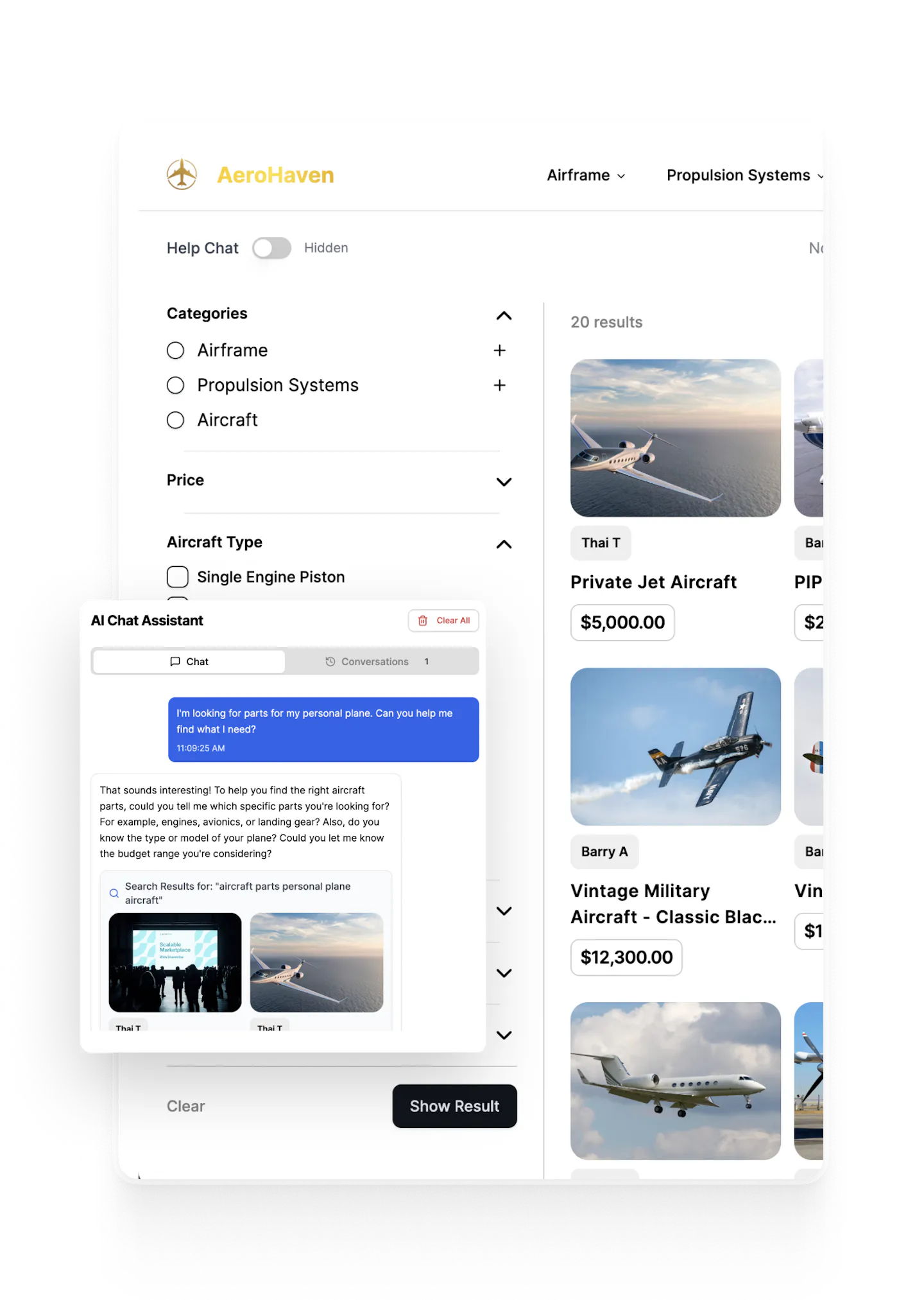 A screenshot of a sample marketplace using Journeyhorizon's template. The platform is for aircraft. The marketplace has an AI assistant to help customers find the right products.