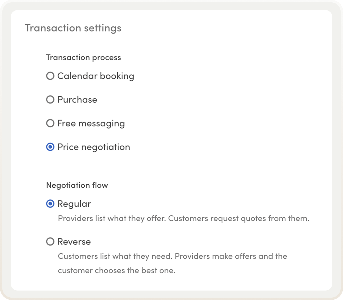 A marketplace has price negotiation with regular transactions enabled in listing type settings.