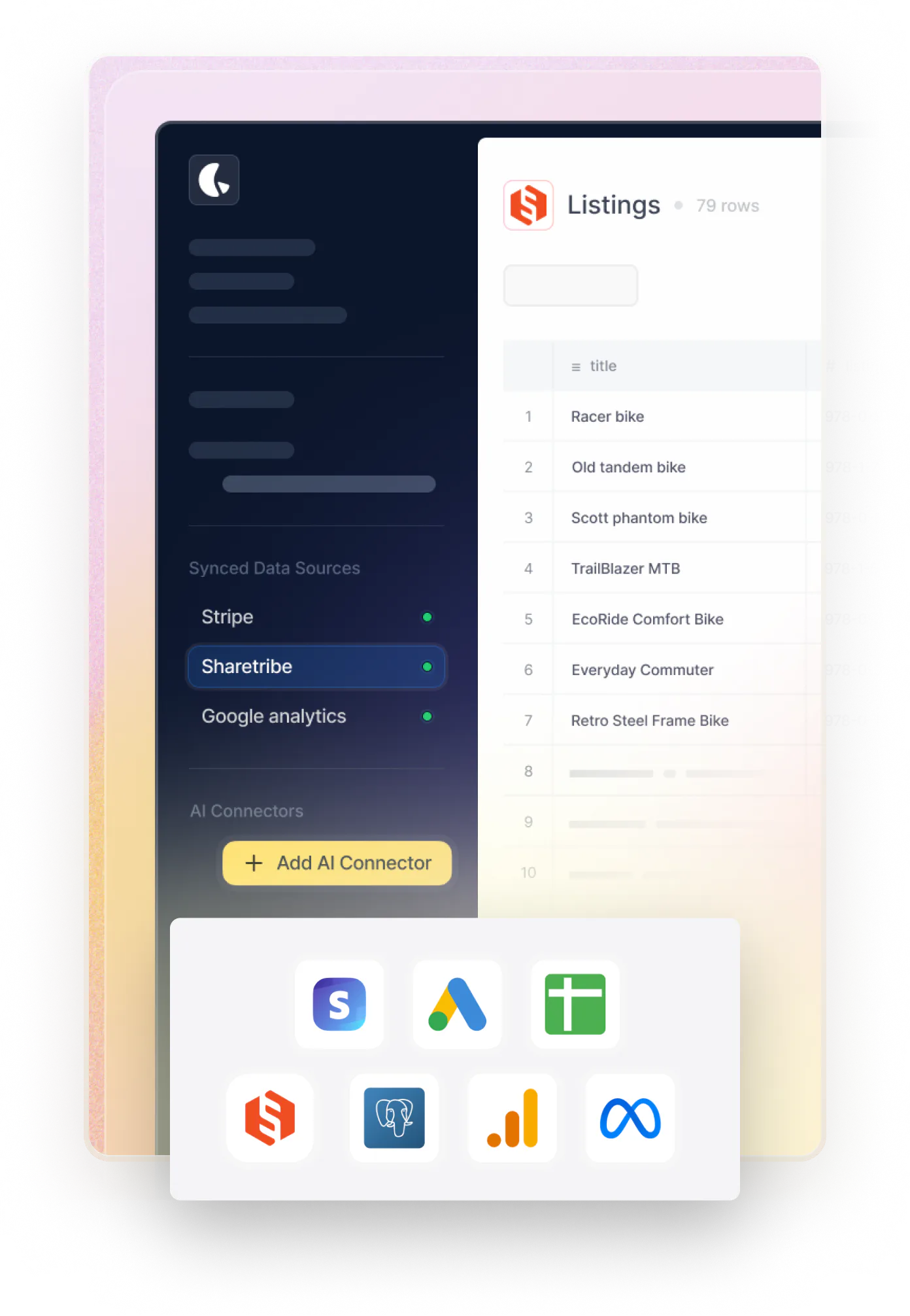 Lemonado dashboard, where a maketplace admin can see their marketplace data from Sharetribe. Overlaid are icons for Sharetribe and other services that can be connected, like Google and Meta products.