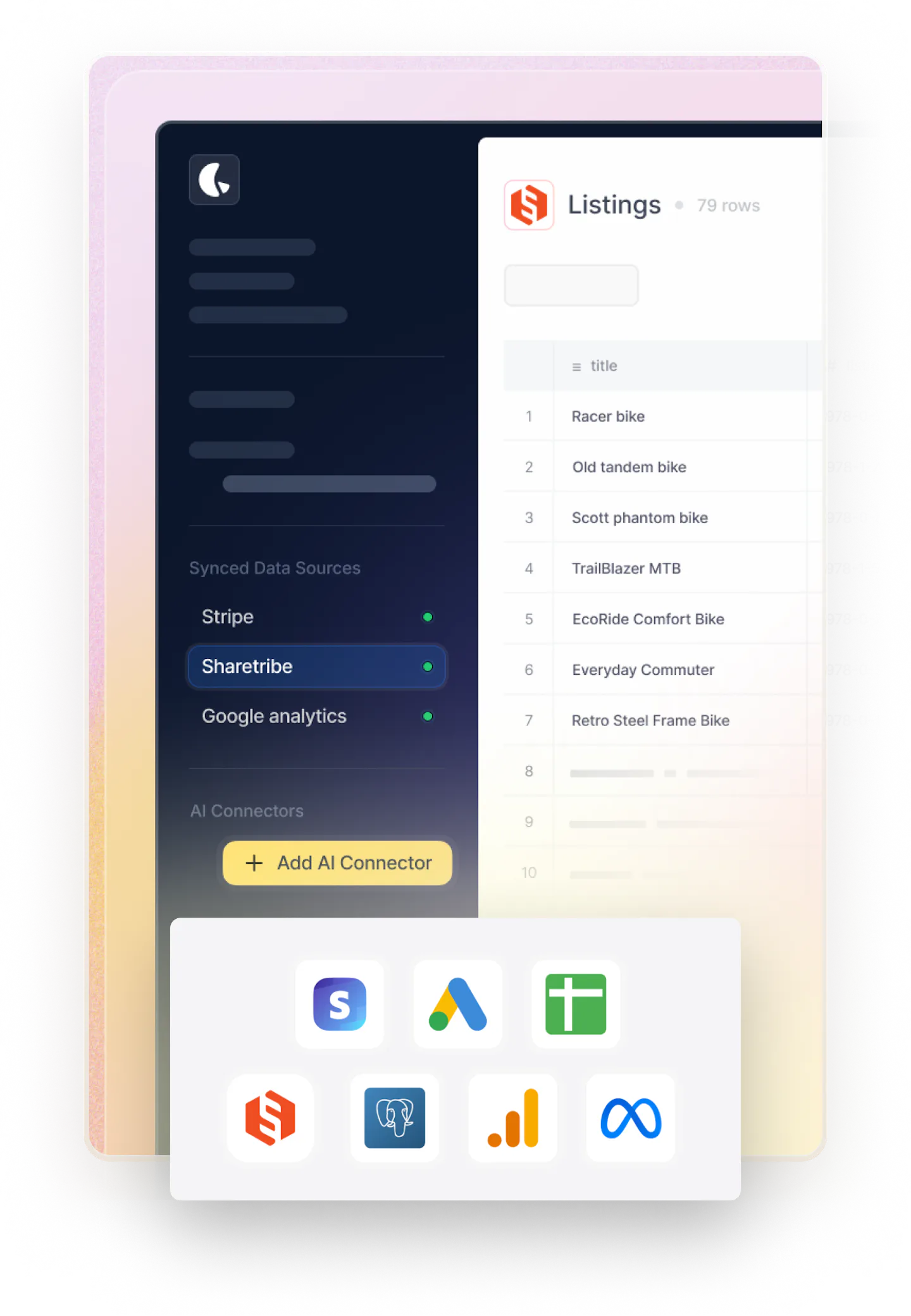 Lemonado dashboard, where a maketplace admin can see their marketplace data from Sharetribe. Overlaid are icons for Sharetribe and other services that can be connected, like Google and Meta products.