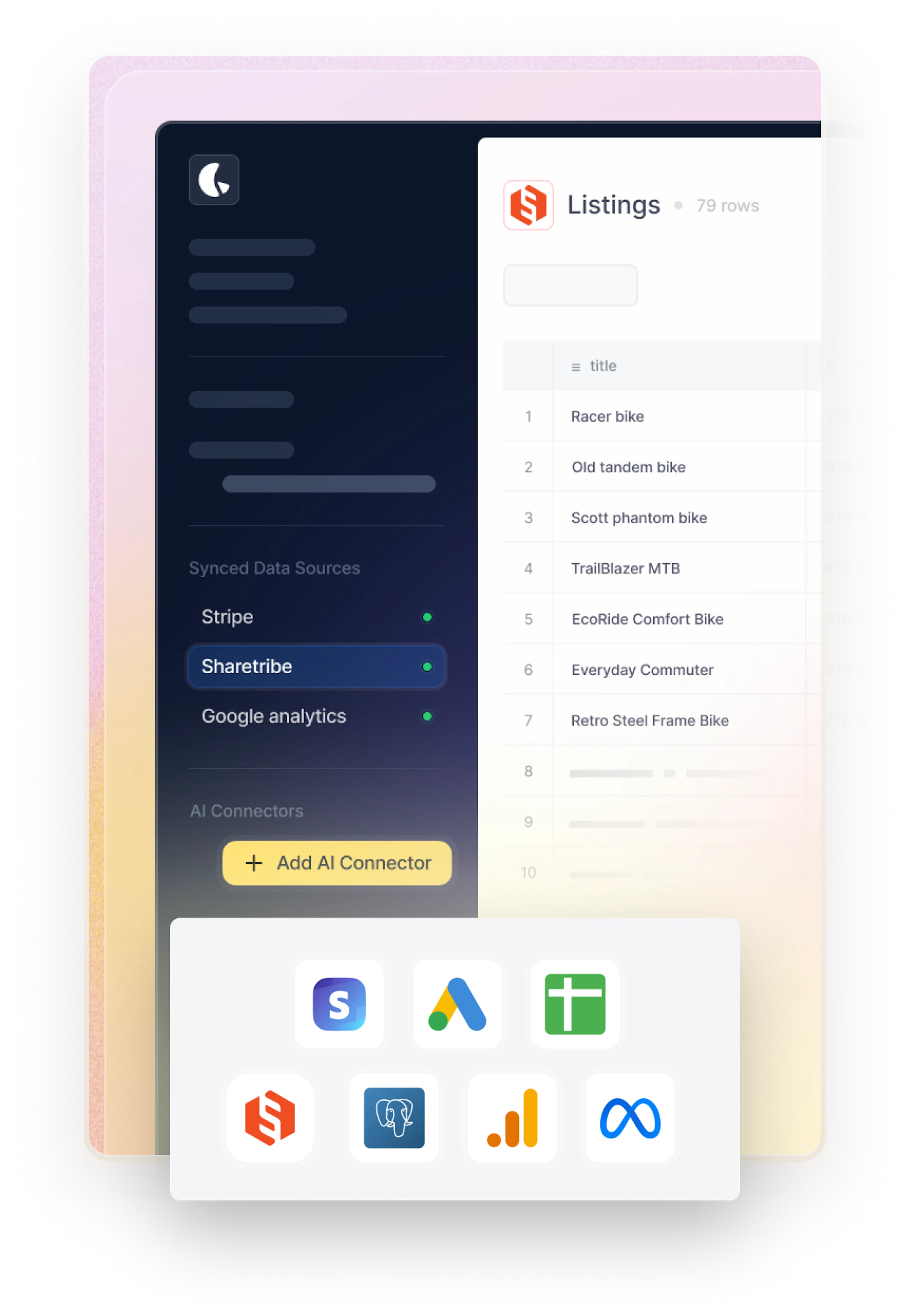 Lemonado dashboard, where a maketplace admin can see their marketplace data from Sharetribe. Overlaid are icons for Sharetribe and other services that can be connected, like Google and Meta products.
