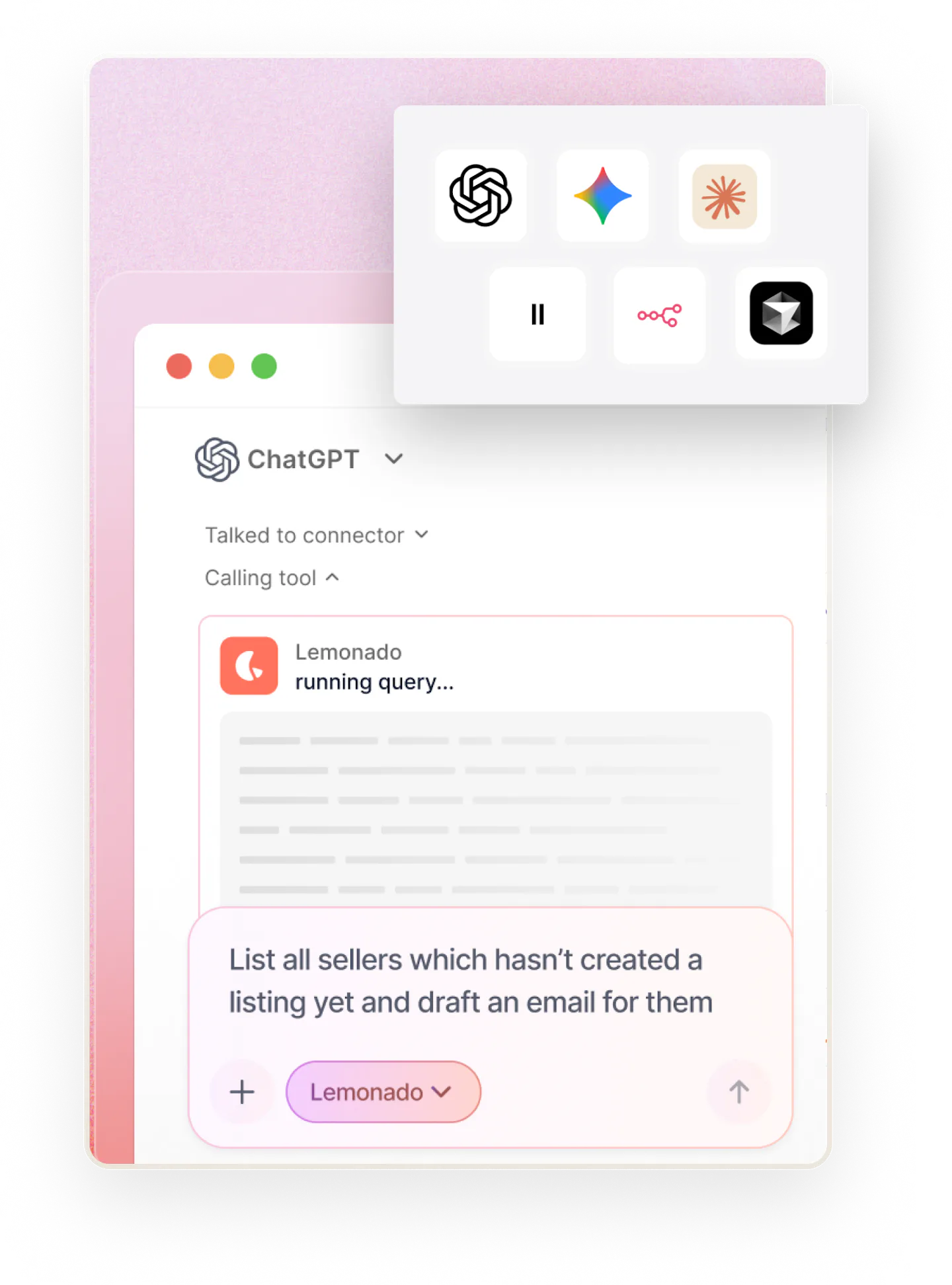 Lemonado connected to ChatGPT, where a marketplace admin can ask about their data. Overlaid are symbols of different AI models from ChatGPT to Claude.
