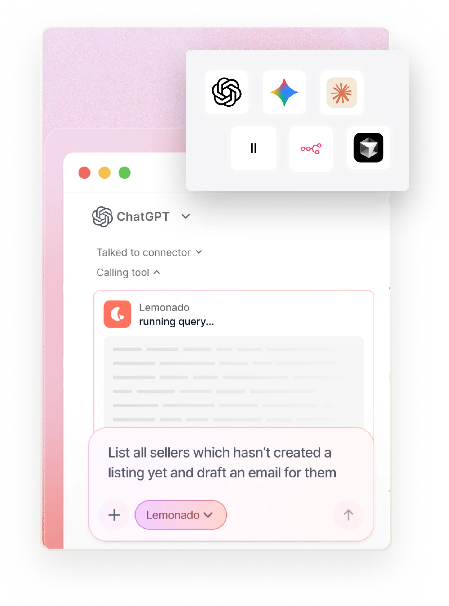 Lemonado connected to ChatGPT, where a marketplace admin can ask about their data. Overlaid are symbols of different AI models from ChatGPT to Claude.