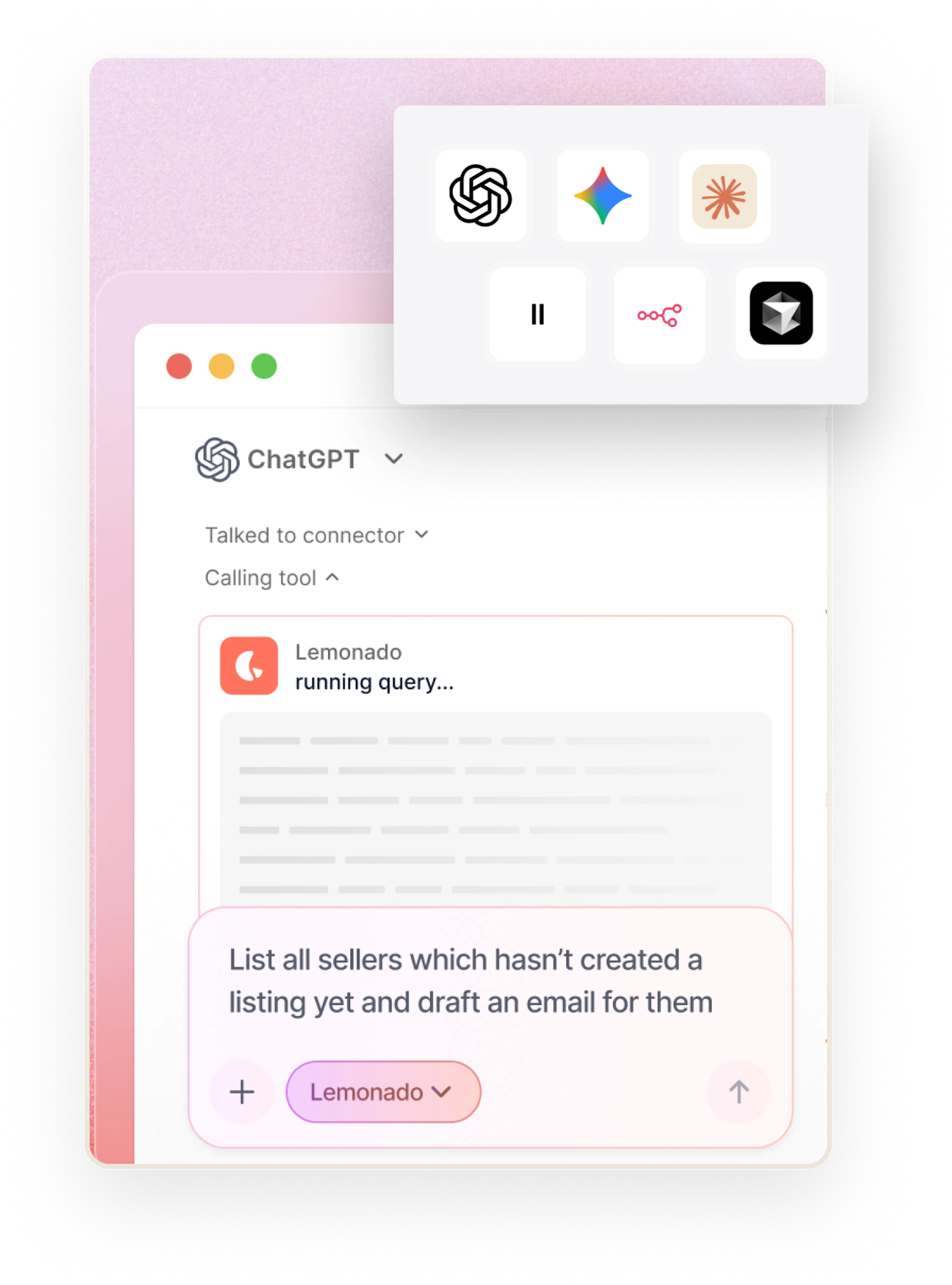 Lemonado connected to ChatGPT, where a marketplace admin can ask about their data. Overlaid are symbols of different AI models from ChatGPT to Claude.