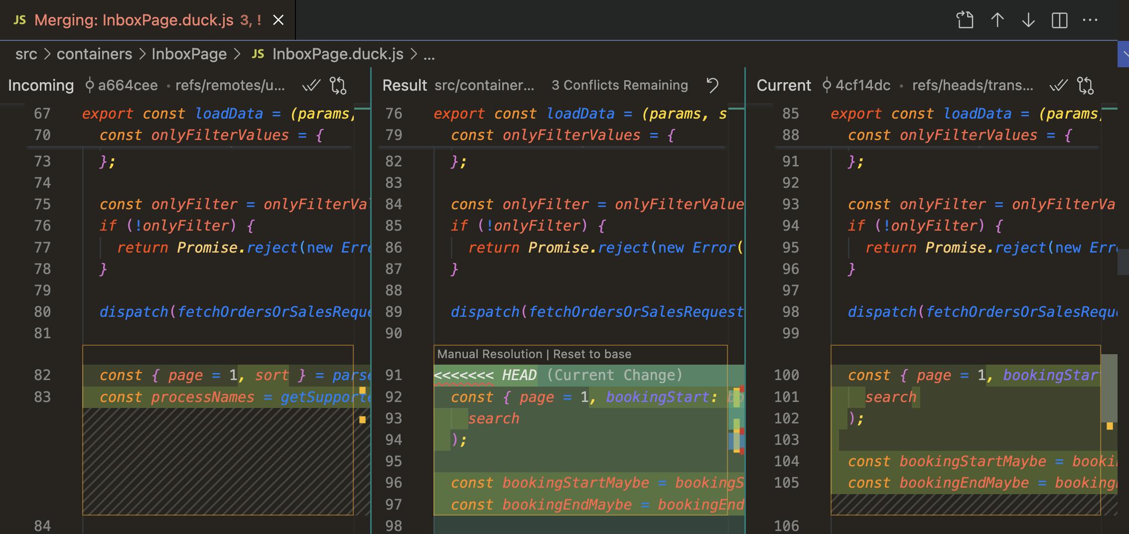 A merge conflict in VS Code