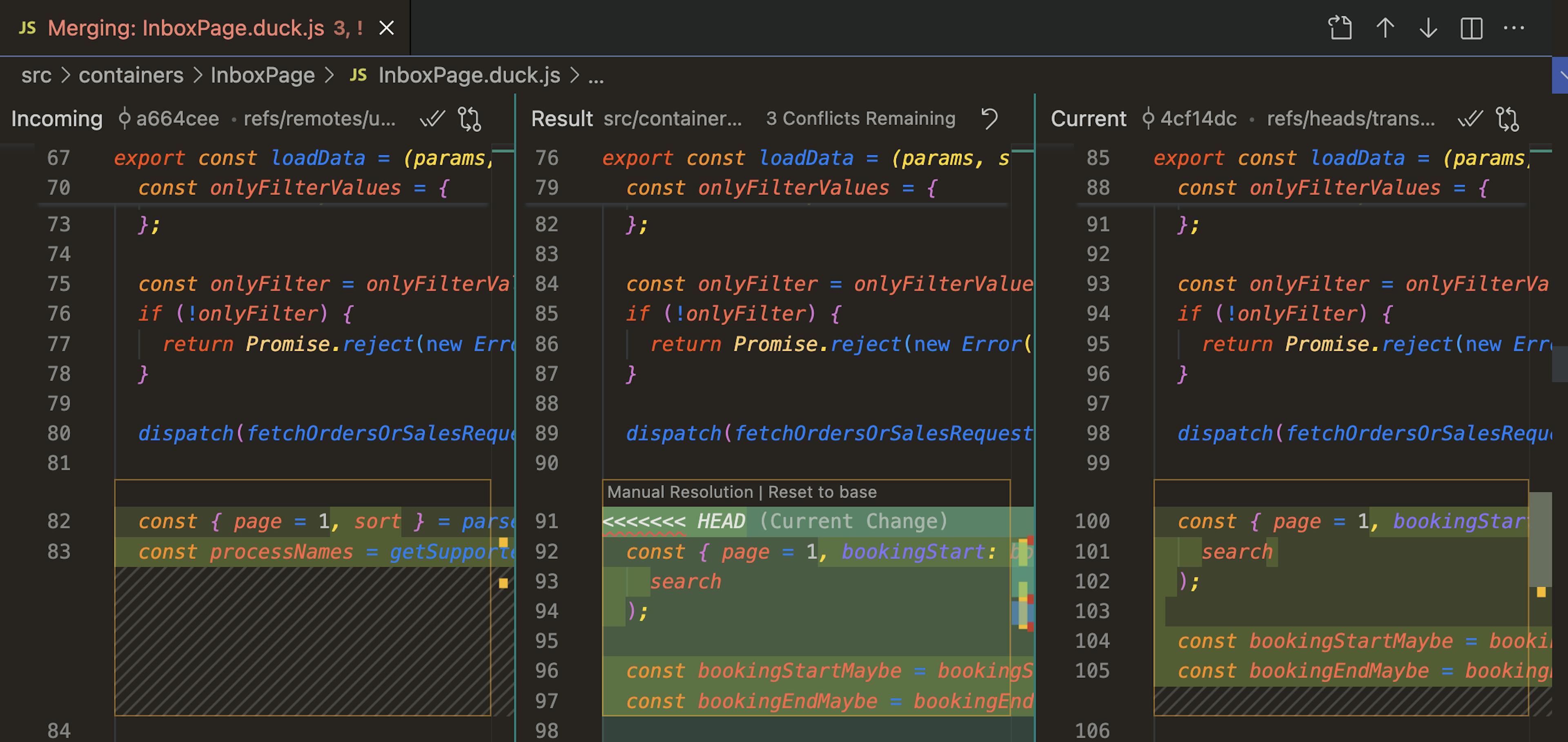 A merge conflict in VS Code