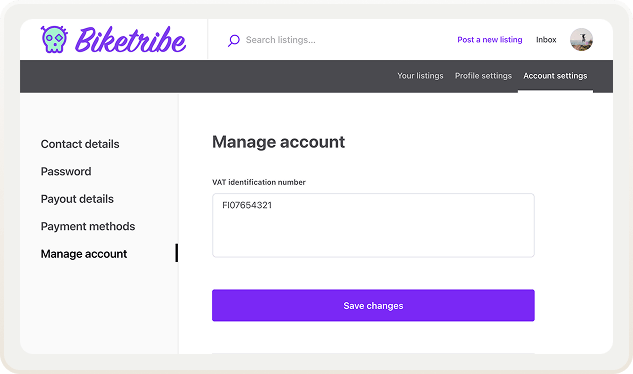 The new Manage account tab in a user's account settings on a Sharetribe marketplace. The user has added a VAT ID in their details.