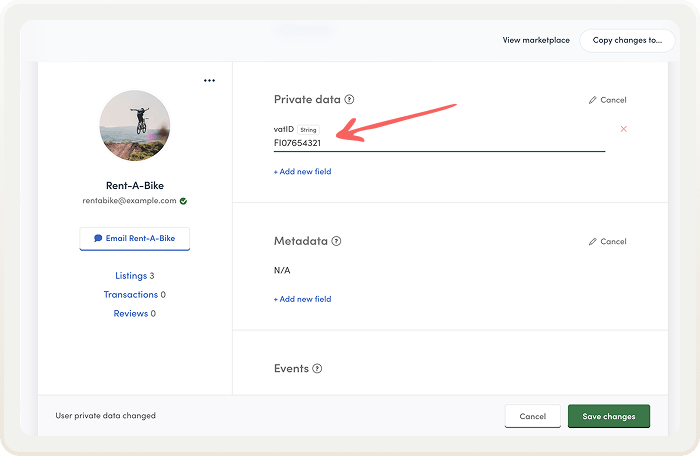 A user card in Console's user management. The admin has edited the private data field VAT ID for a provider called Rent-A-Bike and can now save the changes.
