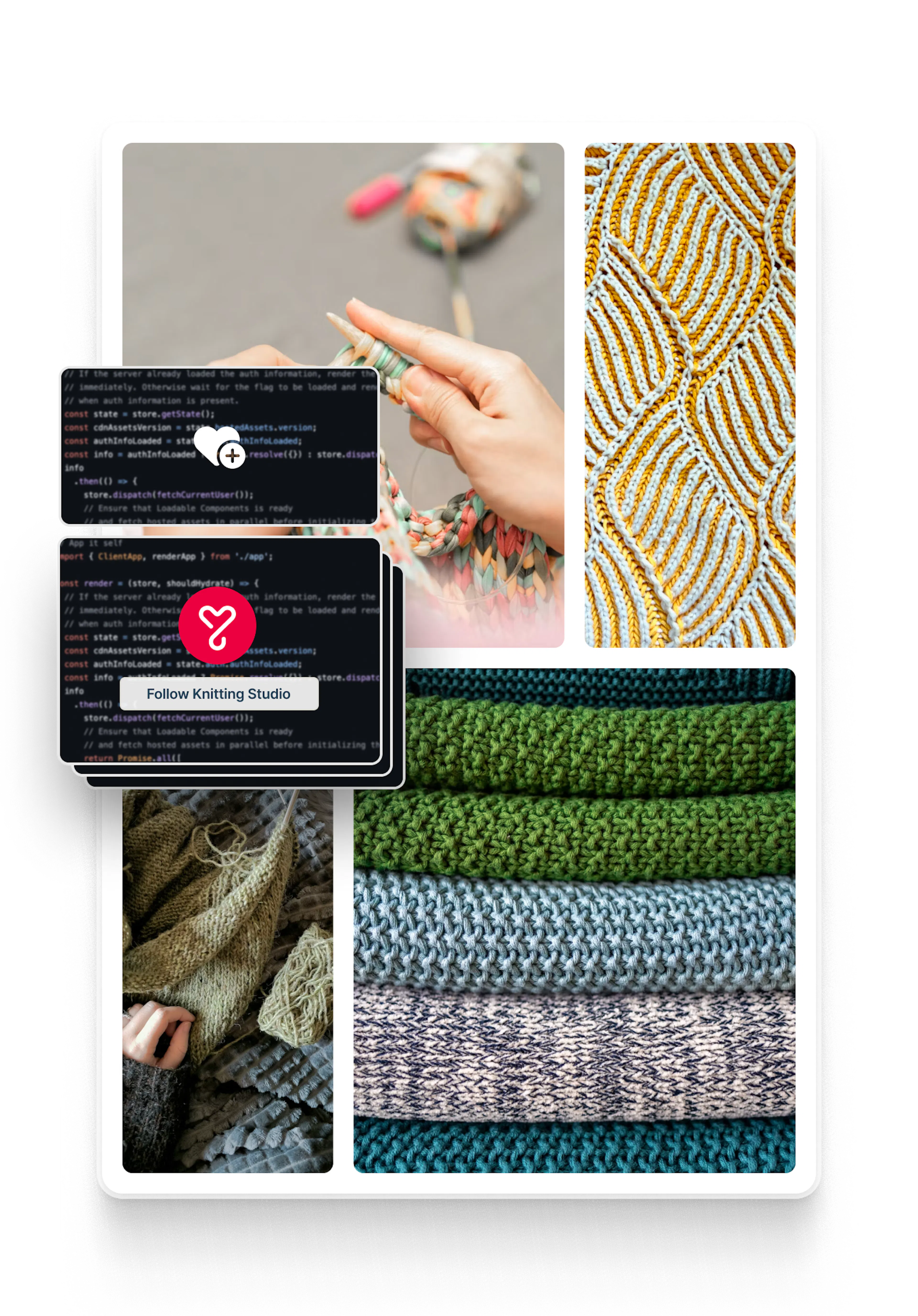 A snapshot of the Yarntribe home page. Overlaid on top are several boxes showing code. The two on top show a like symbol and a follow button, showing that these features can be added with coding.