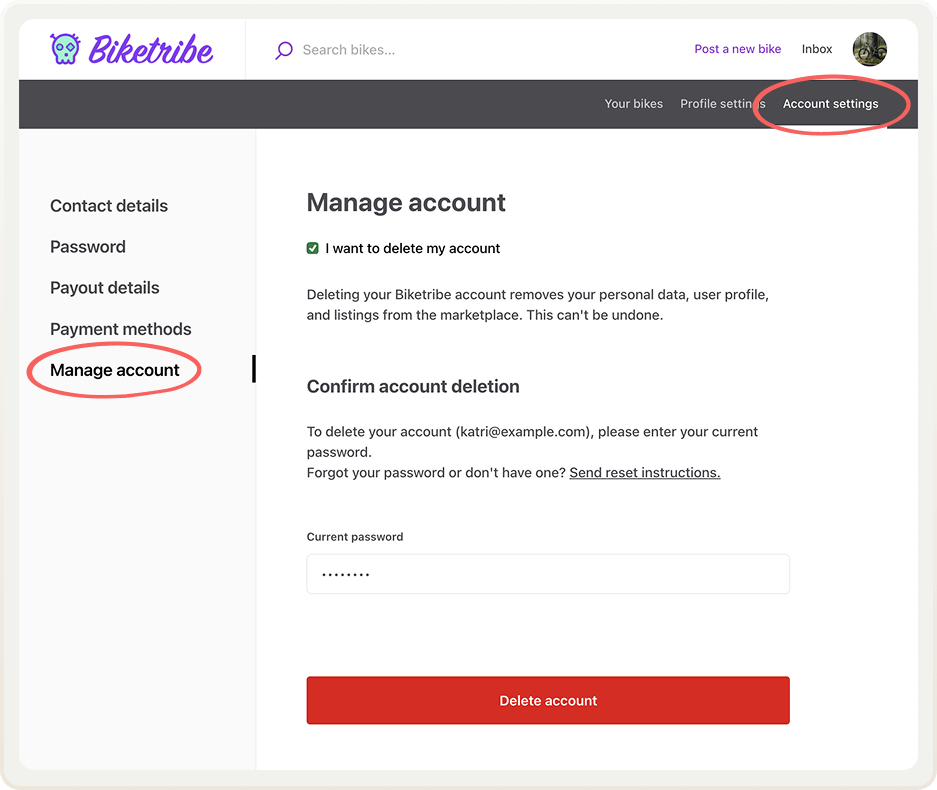 Deleting an account happens in the user's account settings, in a new Manage account tab.