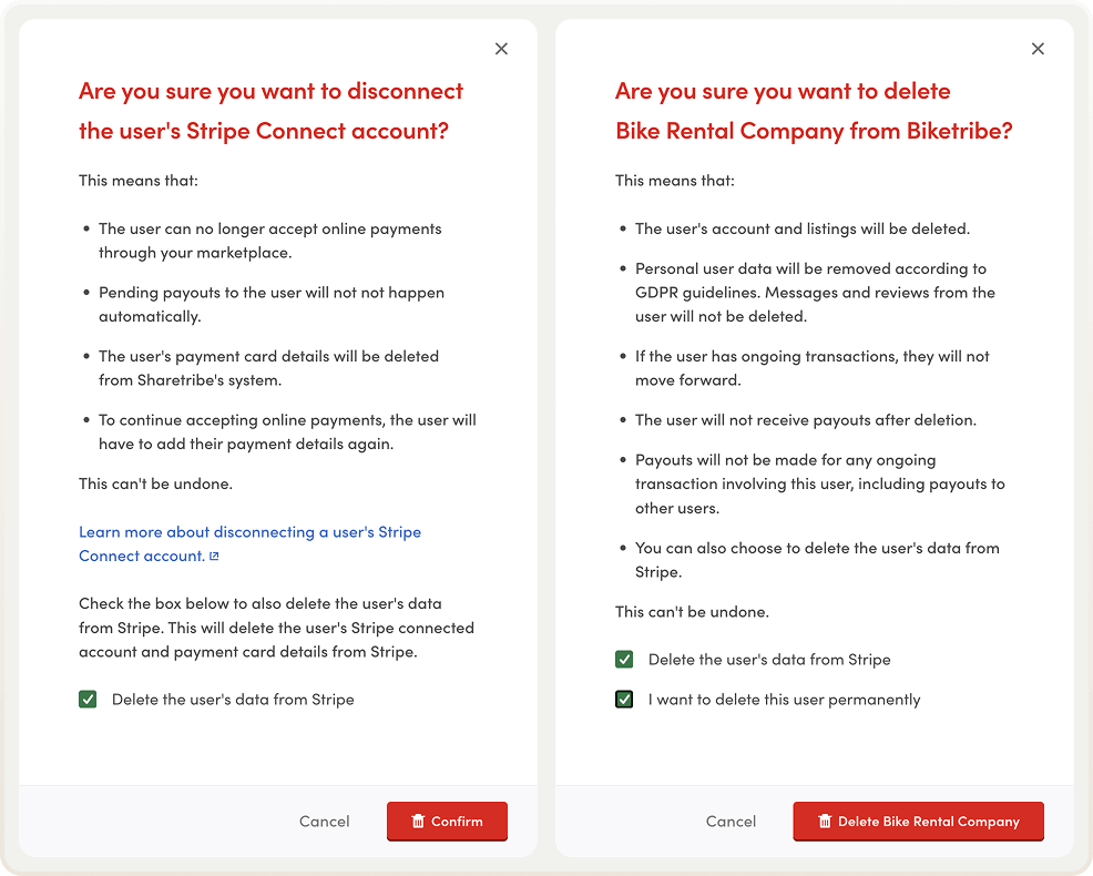 The modals to disconnect a user's Stripe account and delete a user account in Console, side by side. Both now have a new option to delete the user's data from Stripe.