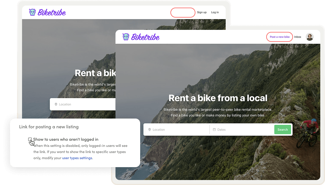 Two screenshots of a Sharetribe marketplace. In one, no one is logged in and the top bar doesn't include the link to post a listing. In the other, a user has logged in, and they can see the link.