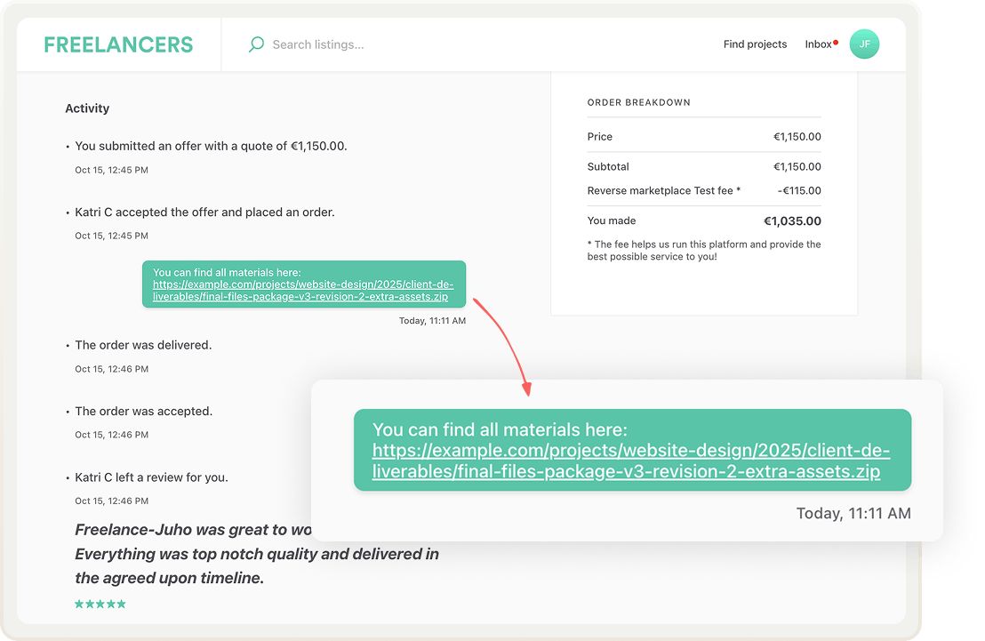 A long link in a transaction conversation in a Sharetribe marketplace nicely wraps on two rows.