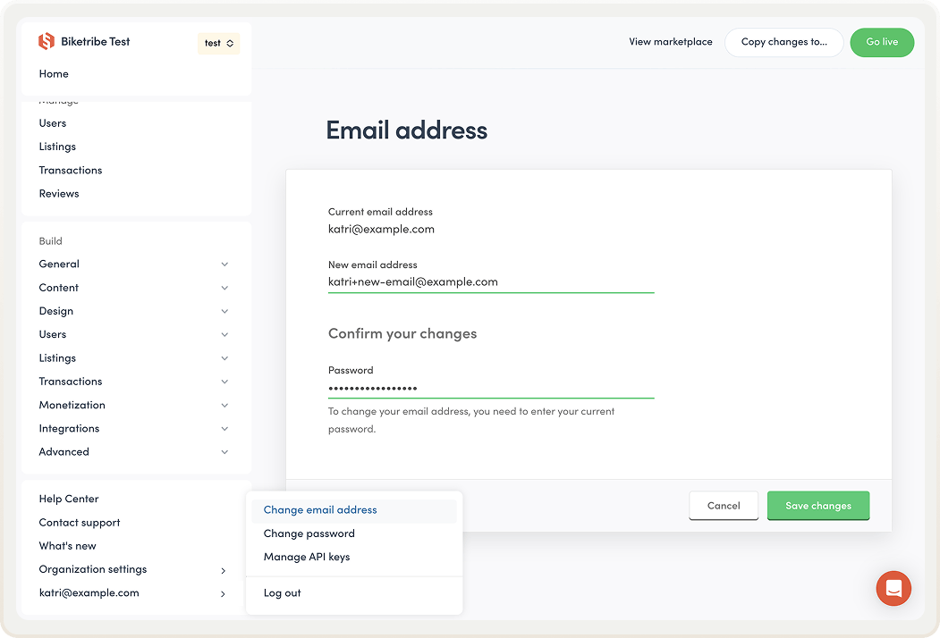Console account settigns, which you can access through the email link in the lower left corener now include the option to change email address.