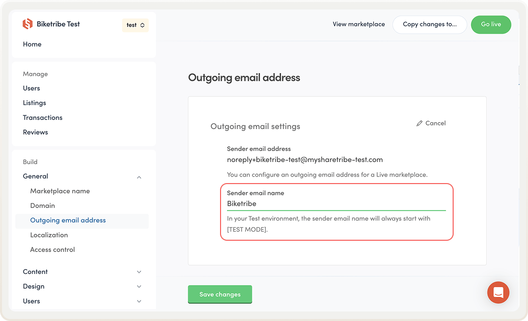Outgoing email address settings in the test environment now allow changing the sender email name.