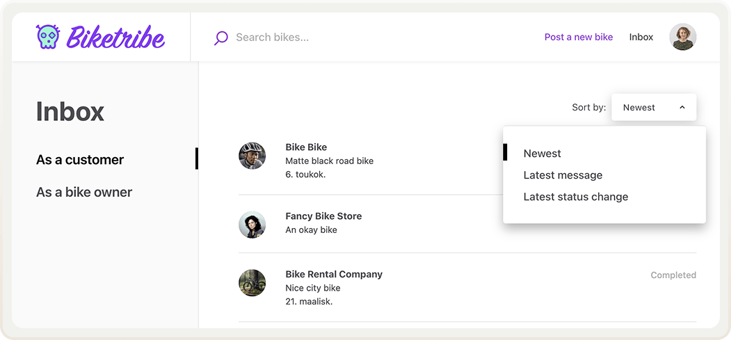 Inbox sorting options in a users inbox in a Sharetribe marketplace. The dropdown is in the right corner of the inbox and has the options newest, latest message, and latest status change.