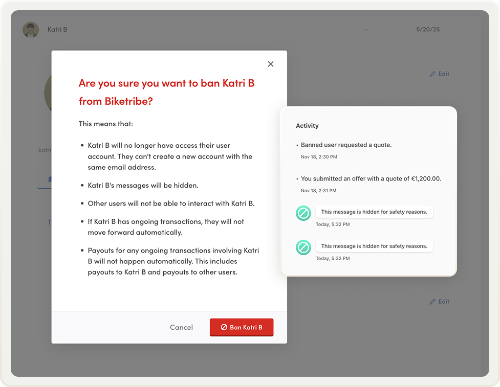 The modal in Console user management to ban a user. Overlaid is a screenshot from a marketplace, where a banned users messages are hidden.