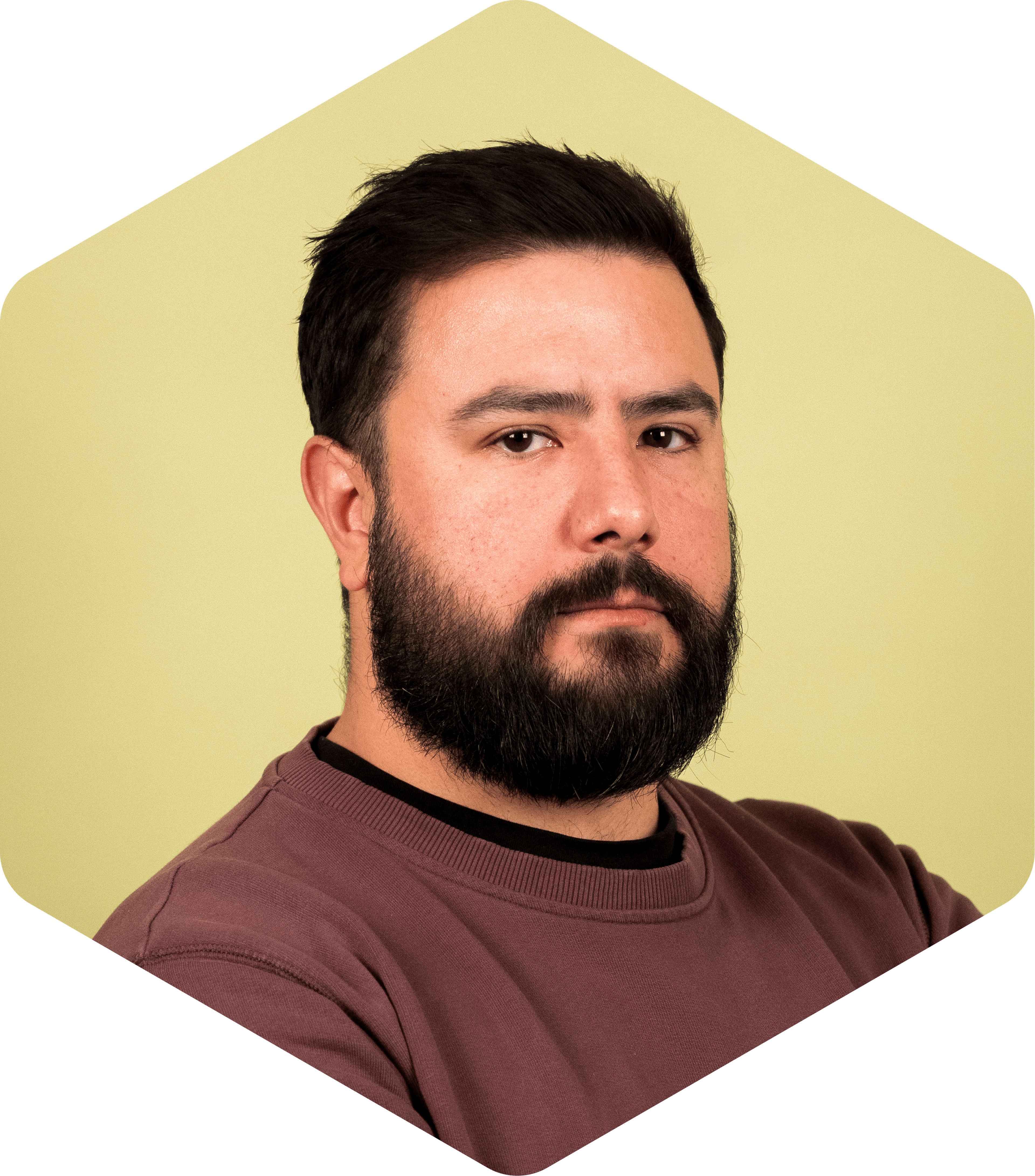 Luis facing the camera, wearing a mauve sweatshirt on a light green background