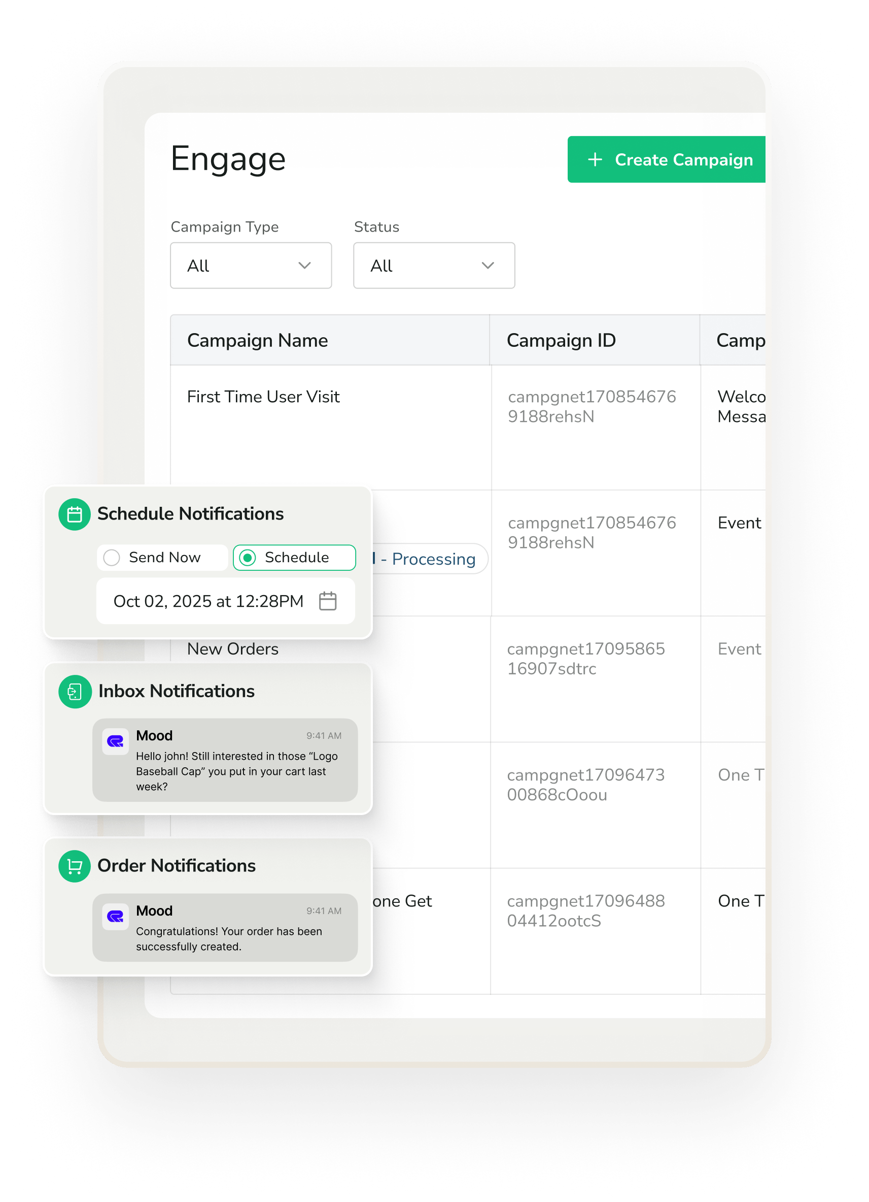Twinr's engagement page overlaid with in-app notifications and notification settings in Twinr.