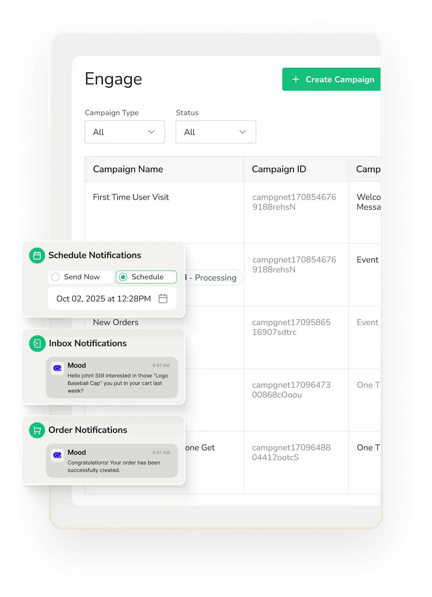 Twinr's engagement page overlaid with in-app notifications and notification settings in Twinr.