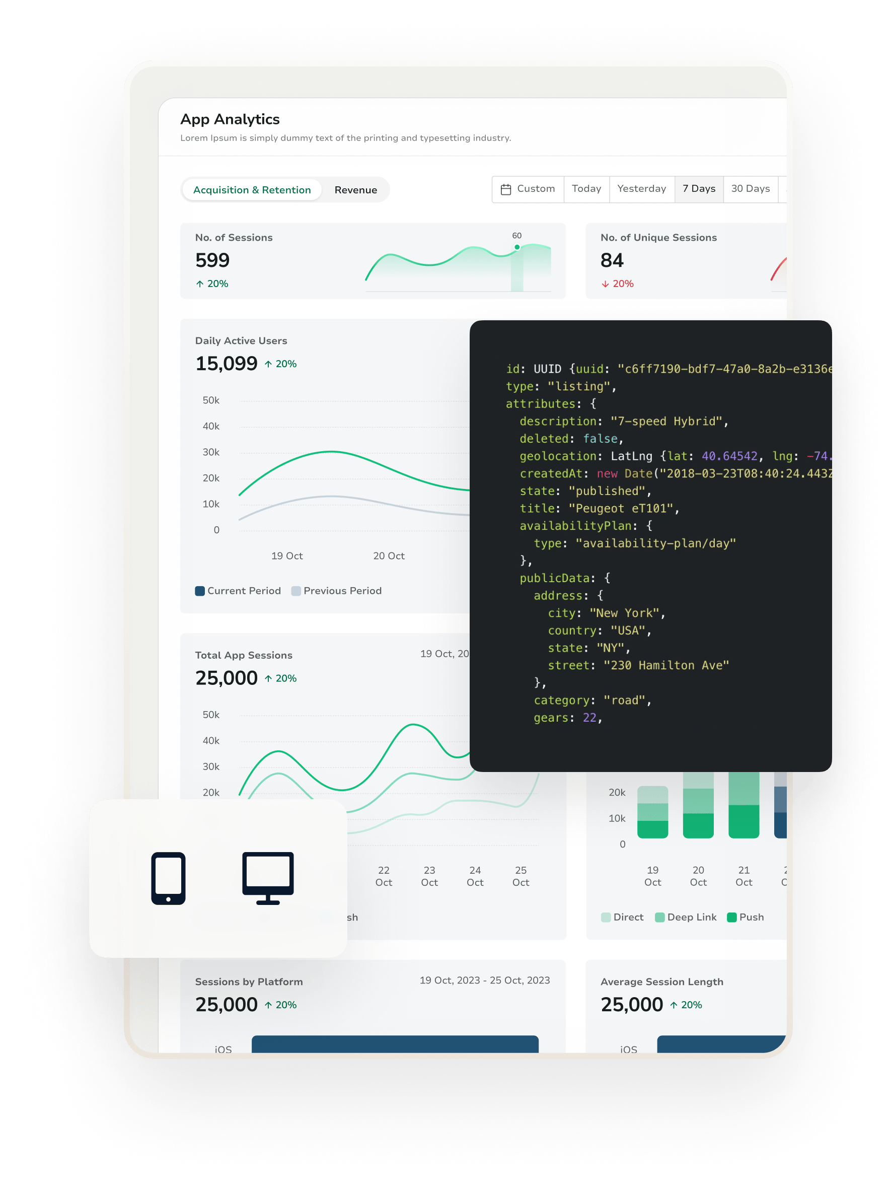 Twinr's analytics page overlaid with example code and mobile and desktop icons.