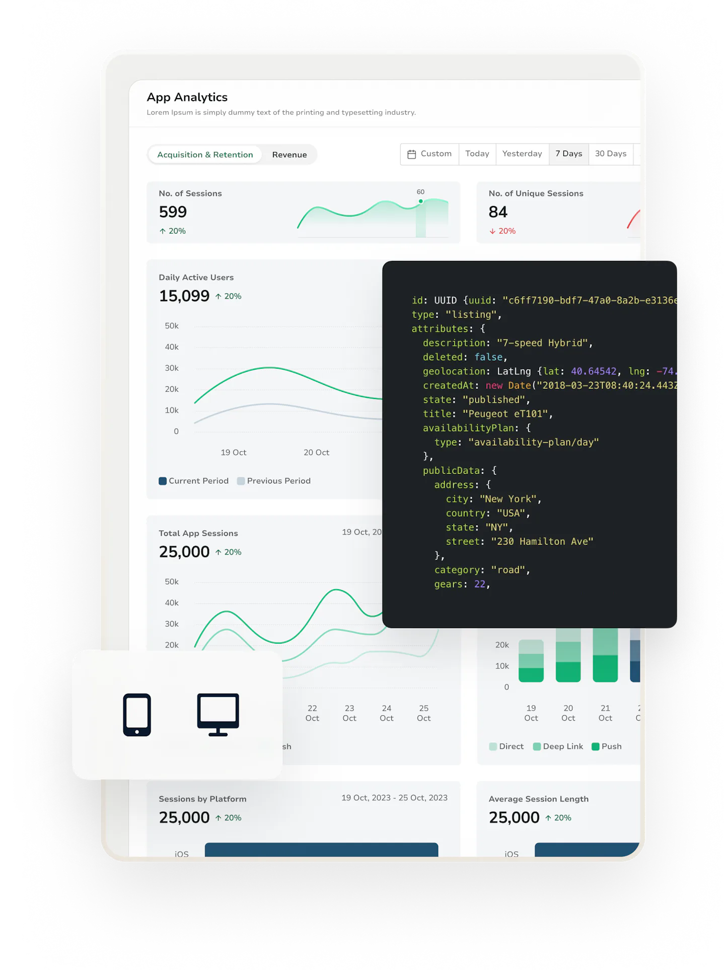 Twinr's analytics page overlaid with example code and mobile and desktop icons.