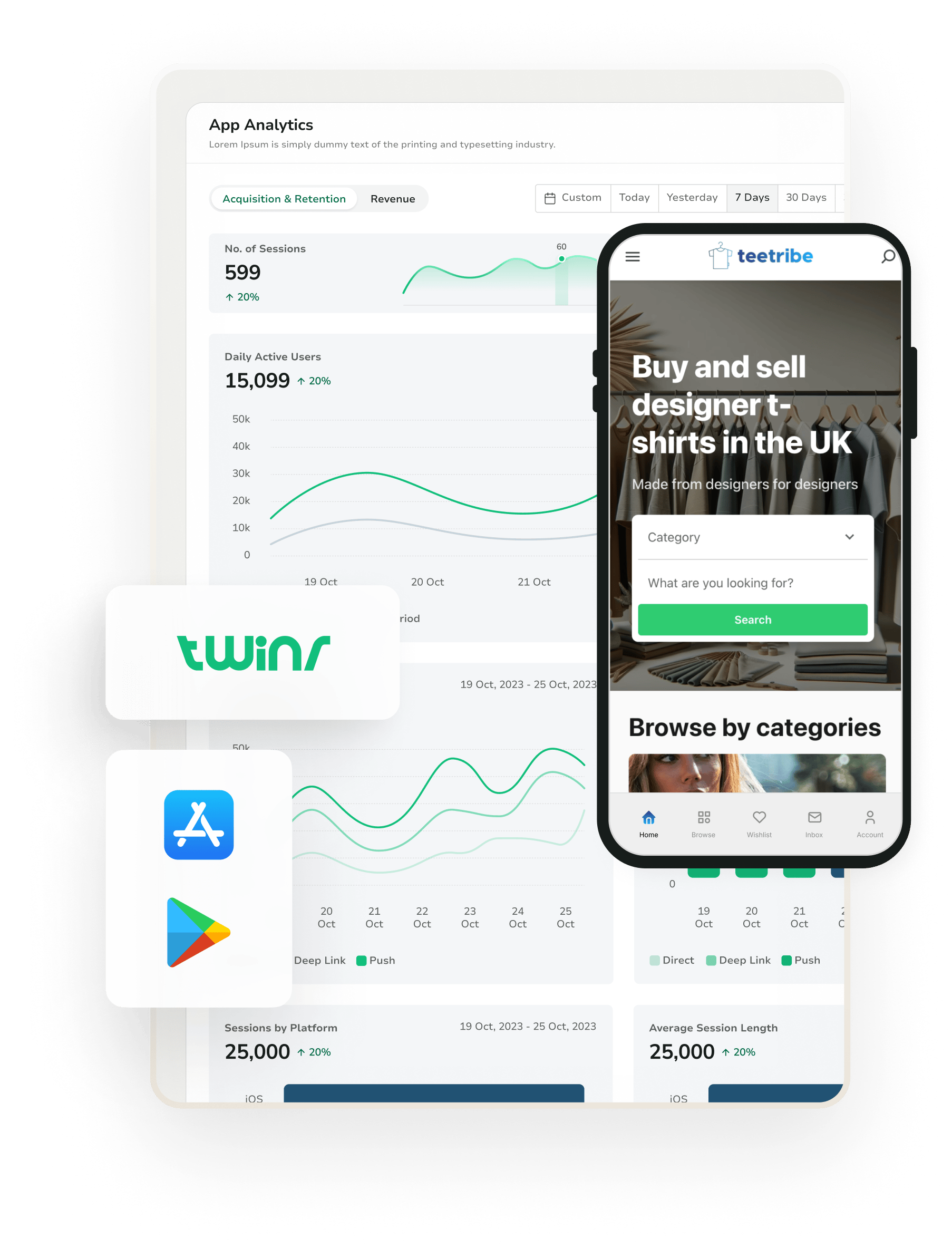 Twinr's analytics page overlaid with an example Twinr-Sharetribe marketplace called Teetribe and Google Play Store and Apple App store logos.