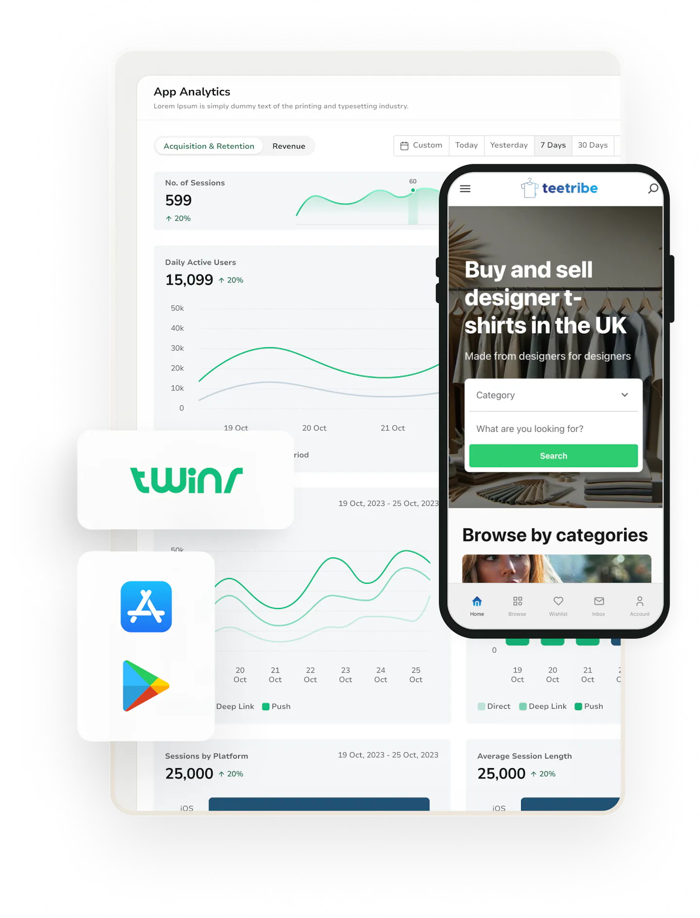 Twinr's analytics page overlaid with an example Twinr-Sharetribe marketplace called Teetribe and Google Play Store and Apple App store logos.
