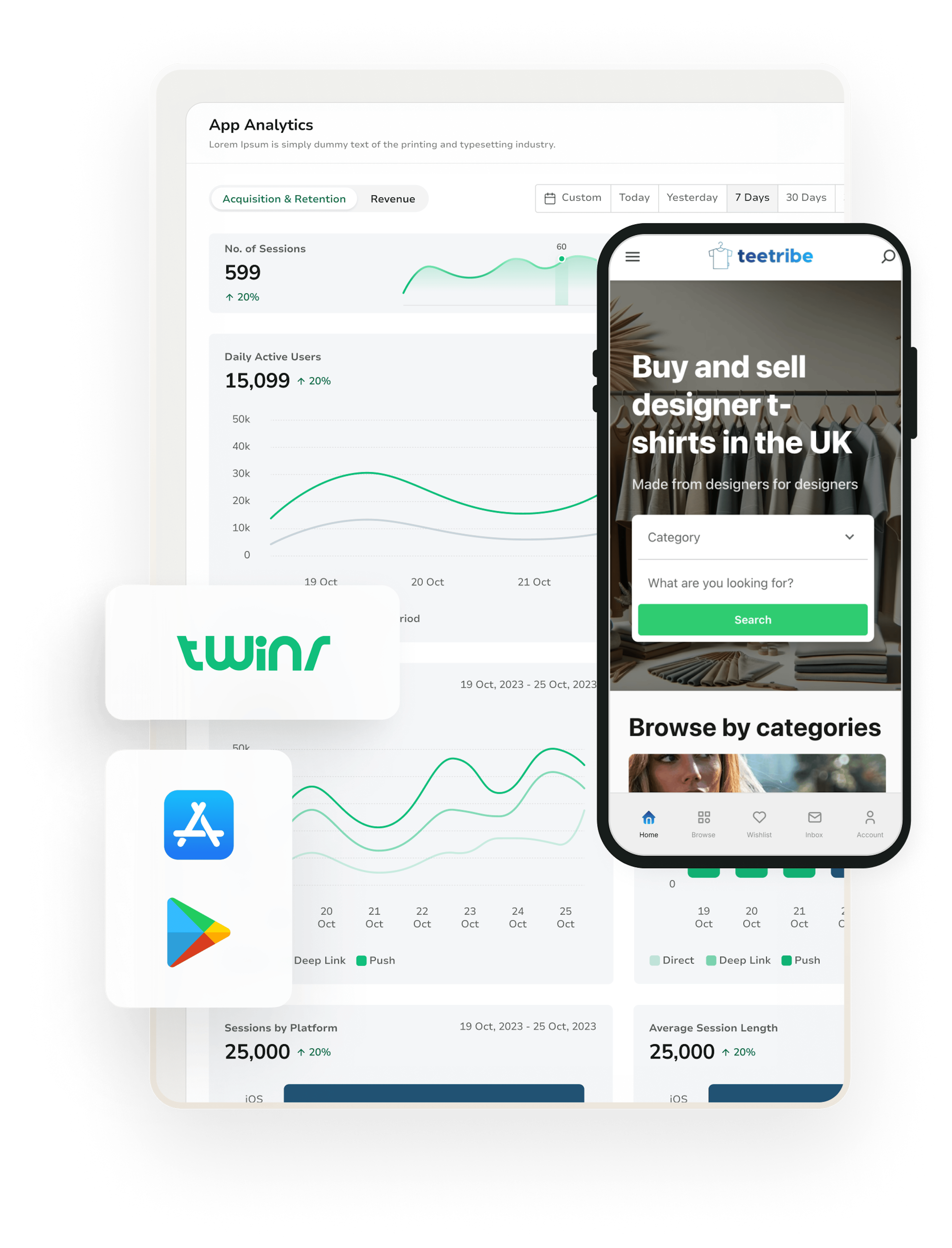 Twinr's analytics page overlaid with an example Twinr-Sharetribe marketplace called Teetribe and Google Play Store and Apple App store logos.